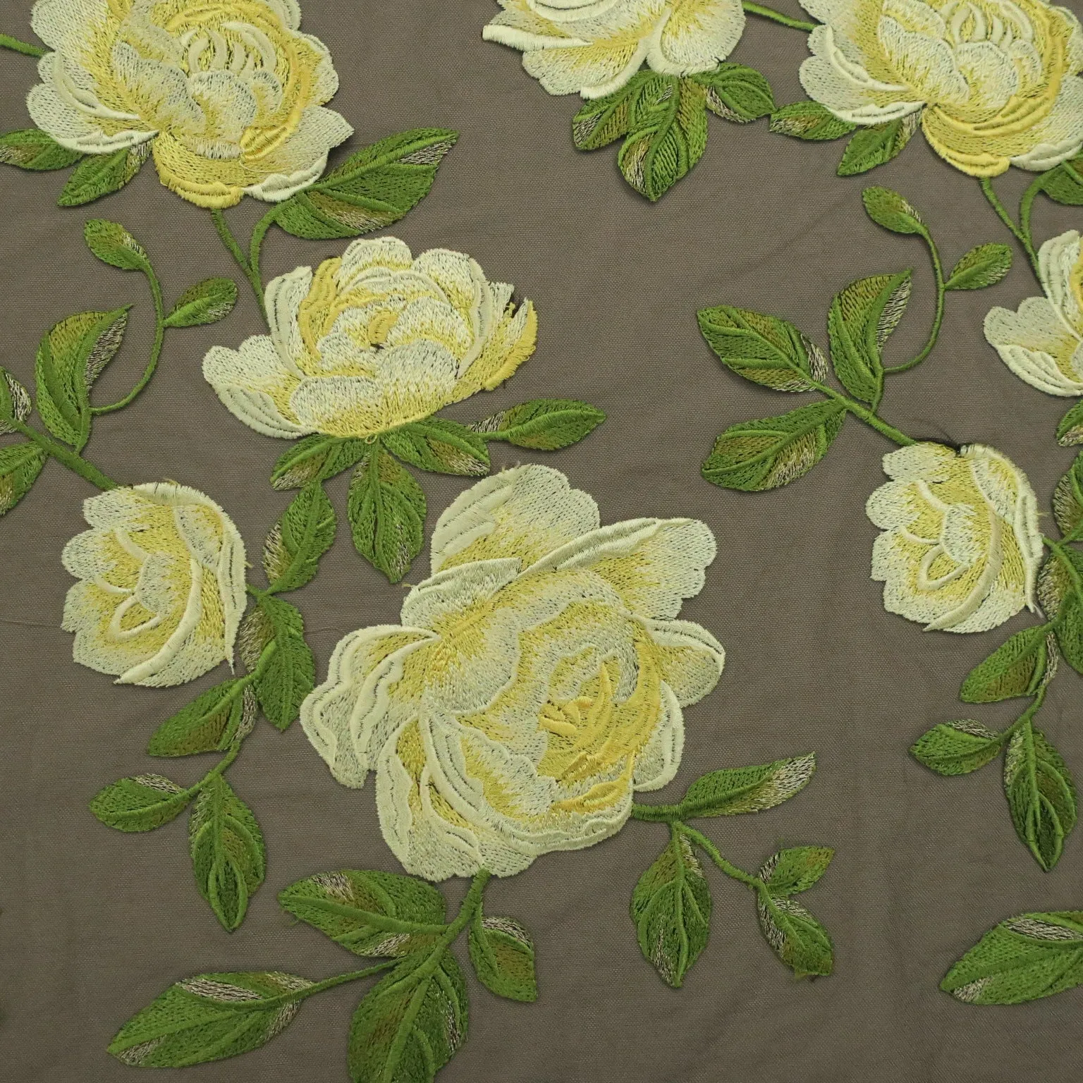Black Tulle with Yellow Flowers Embroidered Fabric