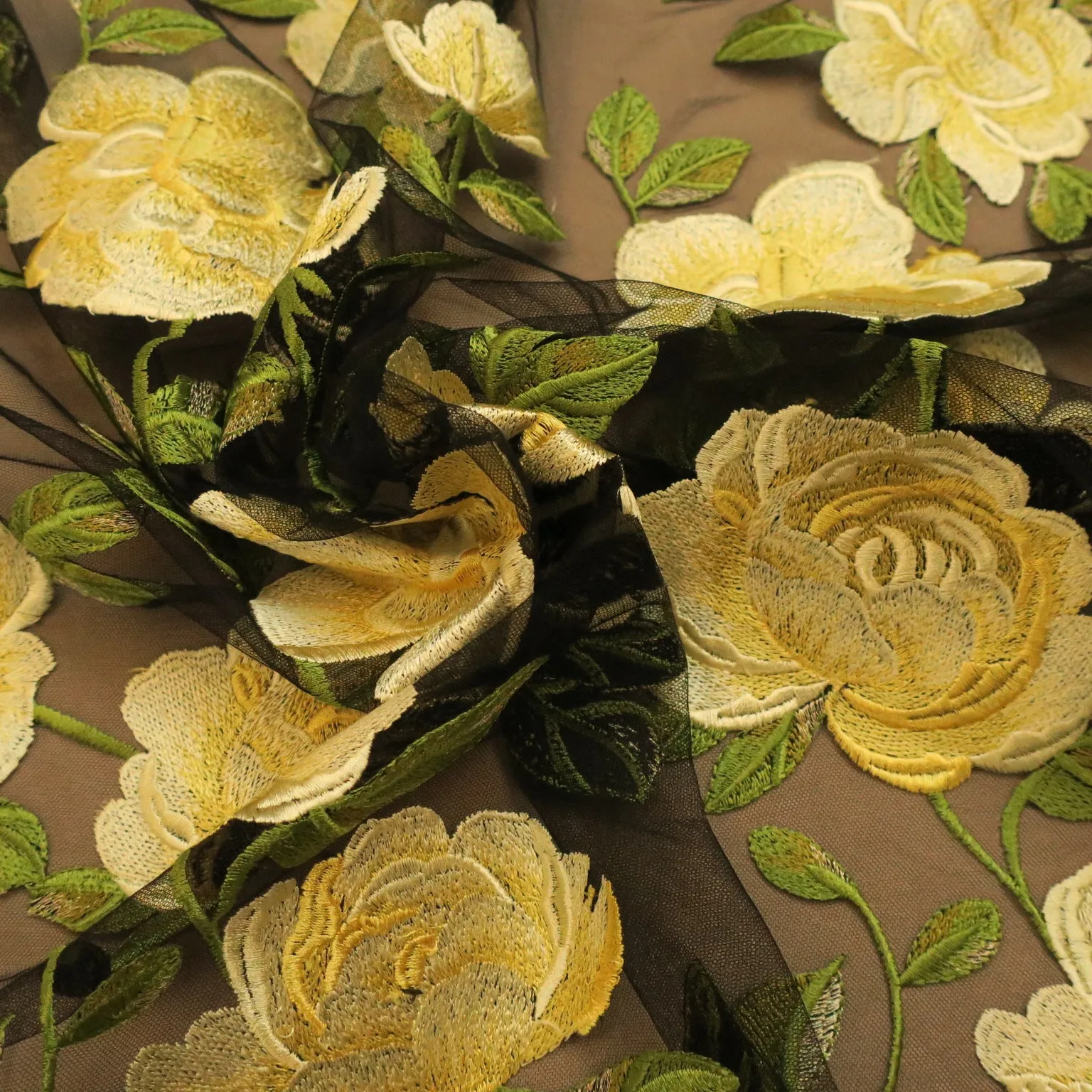 Black Tulle with Yellow Flowers Embroidered Fabric