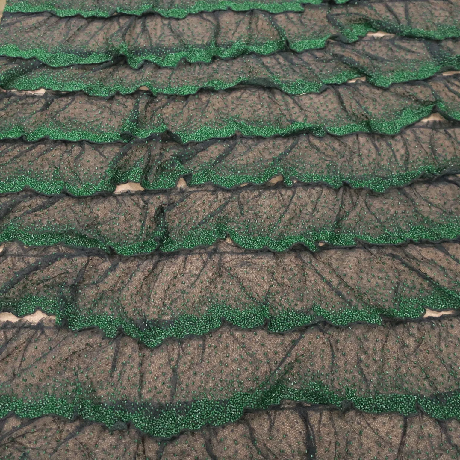 Black with Green Abstract Embroidered Tulle Fabric