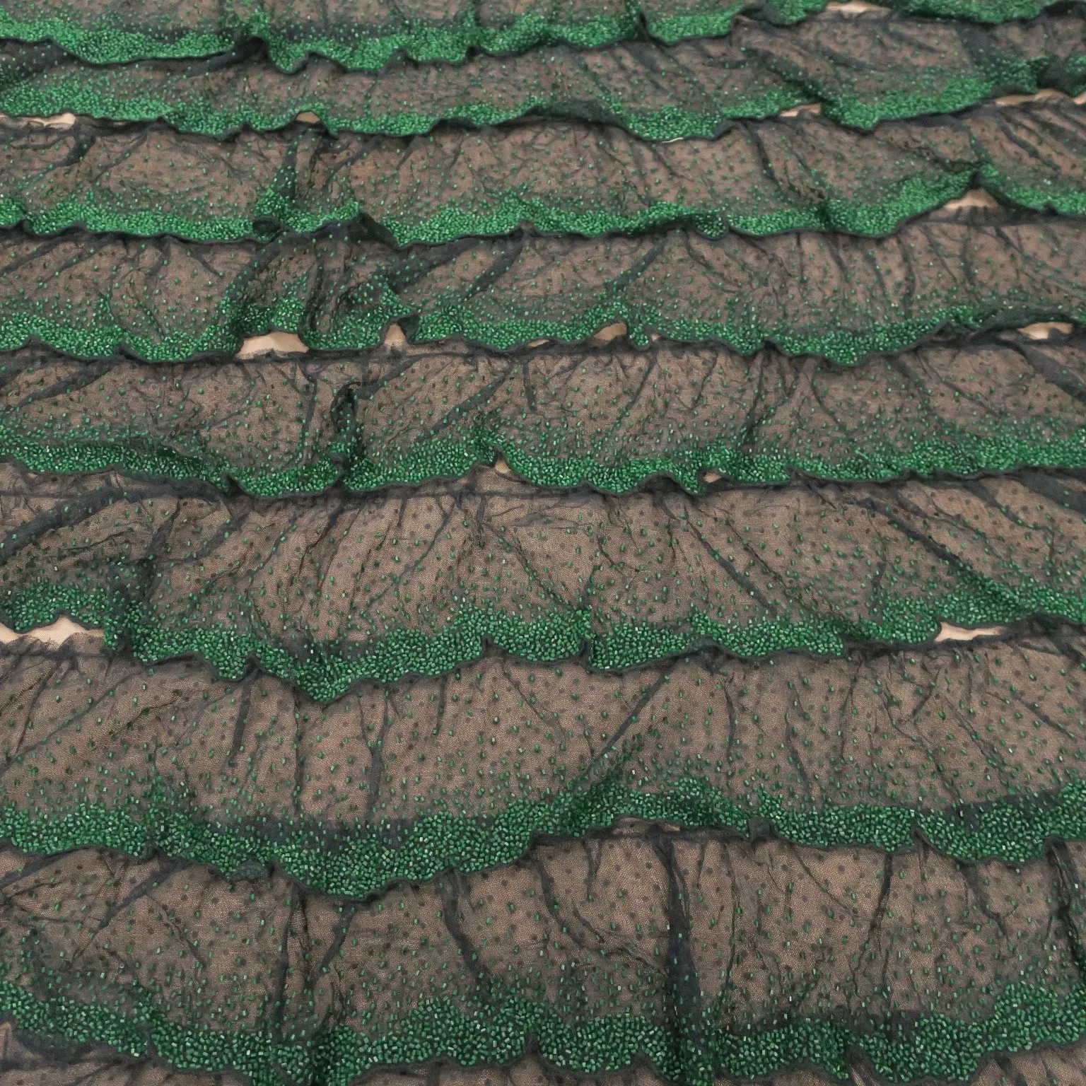 Black with Green Abstract Embroidered Tulle Fabric