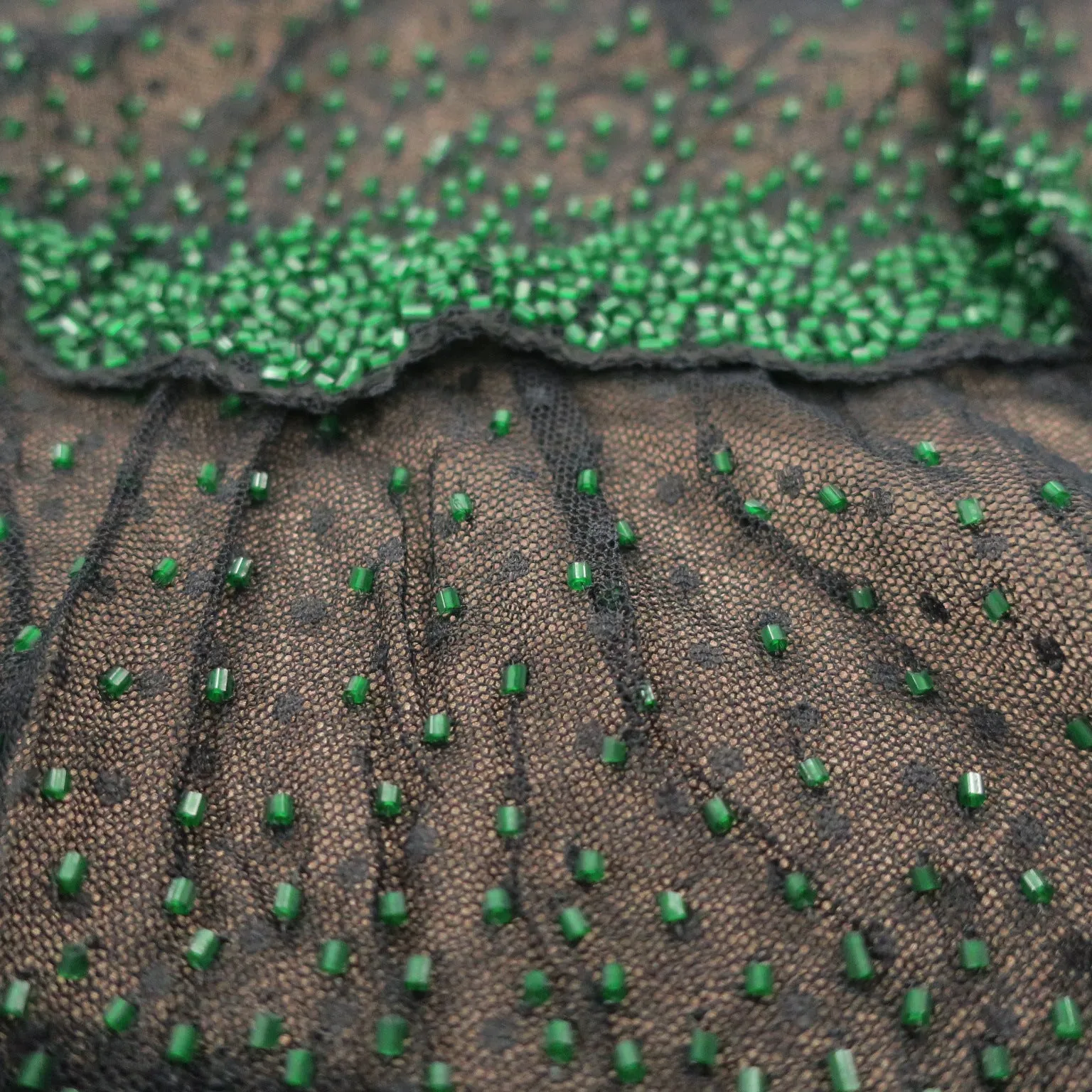 Black with Green Abstract Embroidered Tulle Fabric