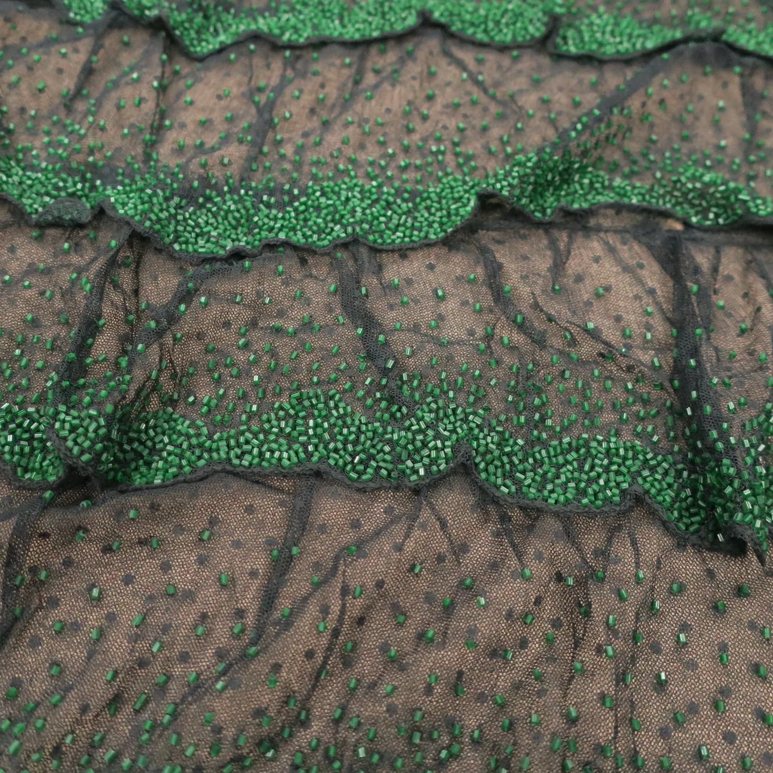Black with Green Abstract Embroidered Tulle Fabric