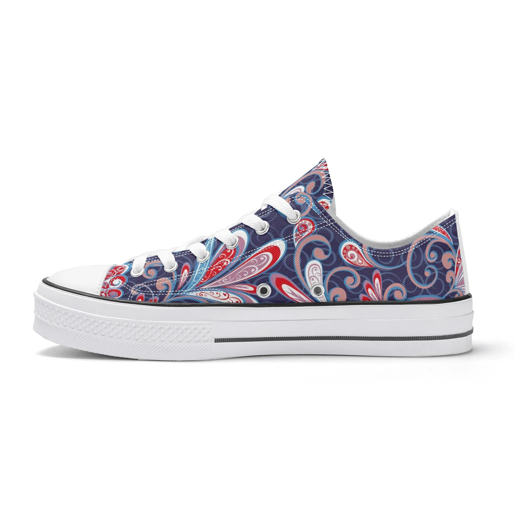 Blue and Red Paisley Pattern - Womens Classic Low Top Canvas Shoes for Footwear Lovers