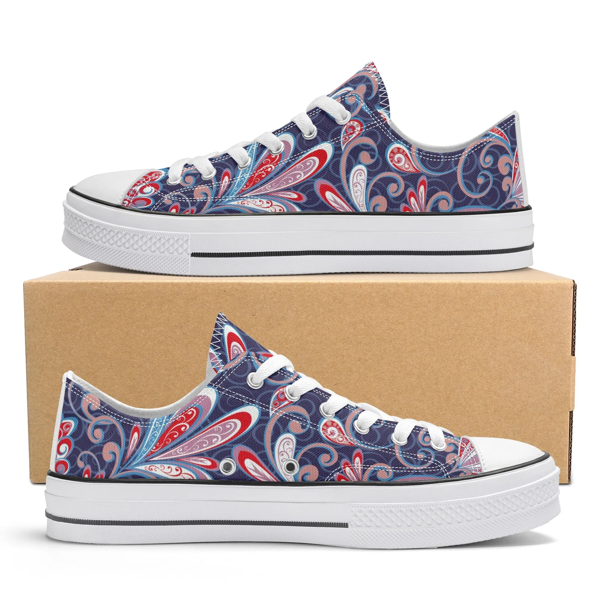 Blue and Red Paisley Pattern - Womens Classic Low Top Canvas Shoes for Footwear Lovers