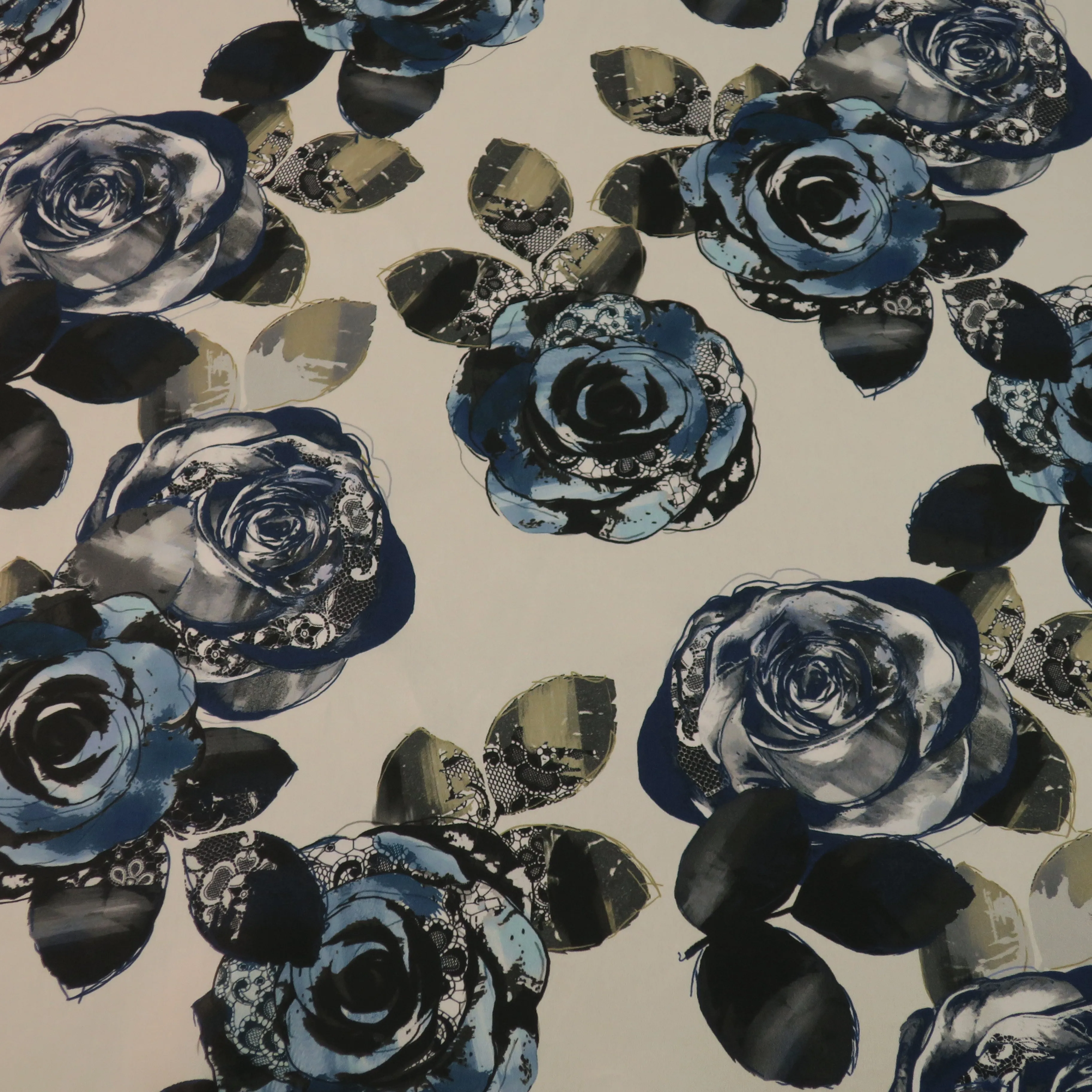 Blue Floral  with an Ivory Background Background Printed Silk Charmeuse Fabric