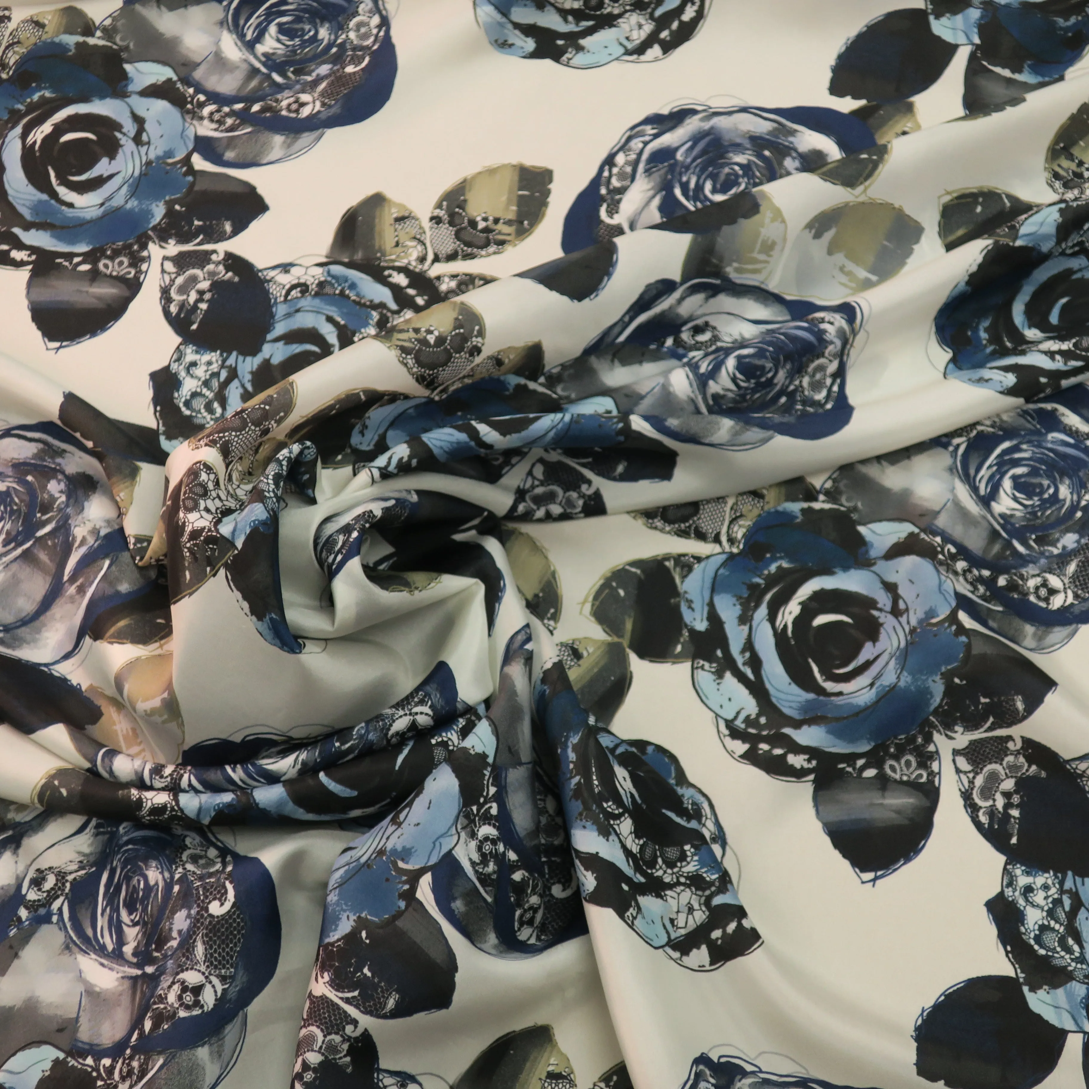 Blue Floral  with an Ivory Background Background Printed Silk Charmeuse Fabric
