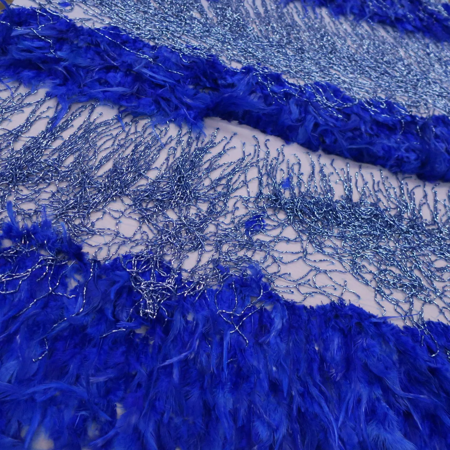 Blue Tulle with Feathers and Fringes Embroidered Fabric