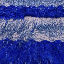 Blue Tulle with Feathers and Fringes Embroidered Fabric