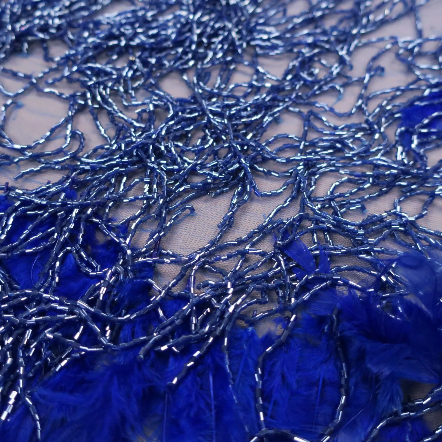 Blue Tulle with Feathers and Fringes Embroidered Fabric