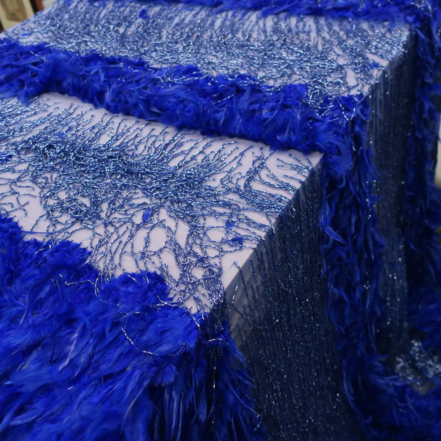 Blue Tulle with Feathers and Fringes Embroidered Fabric