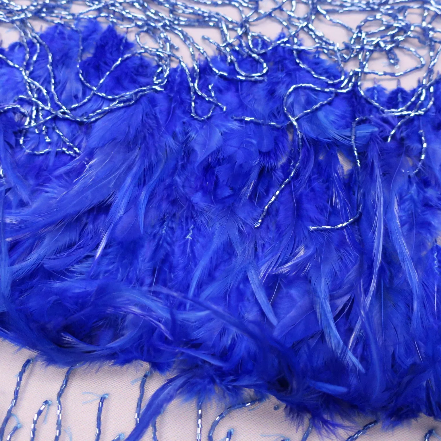 Blue Tulle with Feathers and Fringes Embroidered Fabric