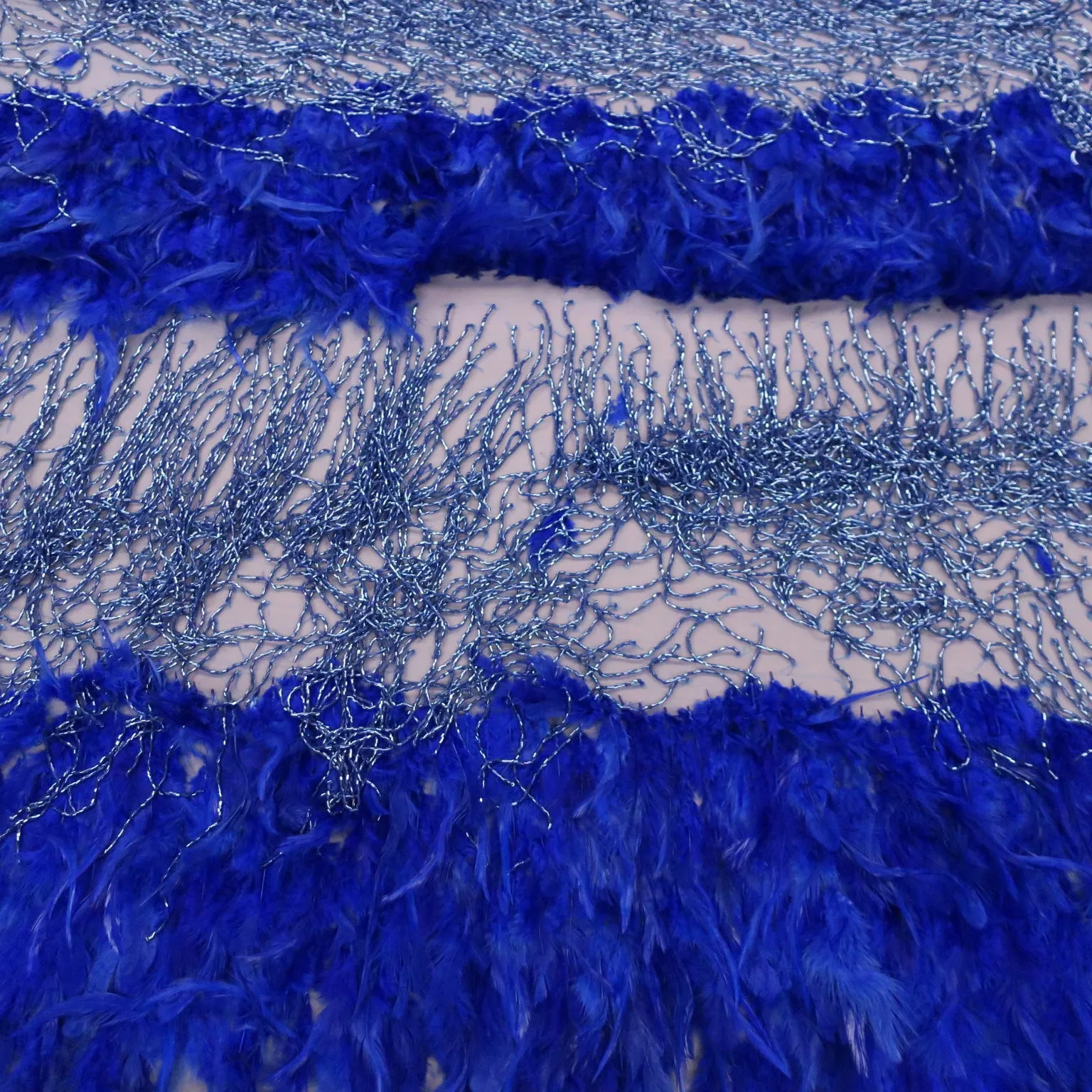 Blue Tulle with Feathers and Fringes Embroidered Fabric