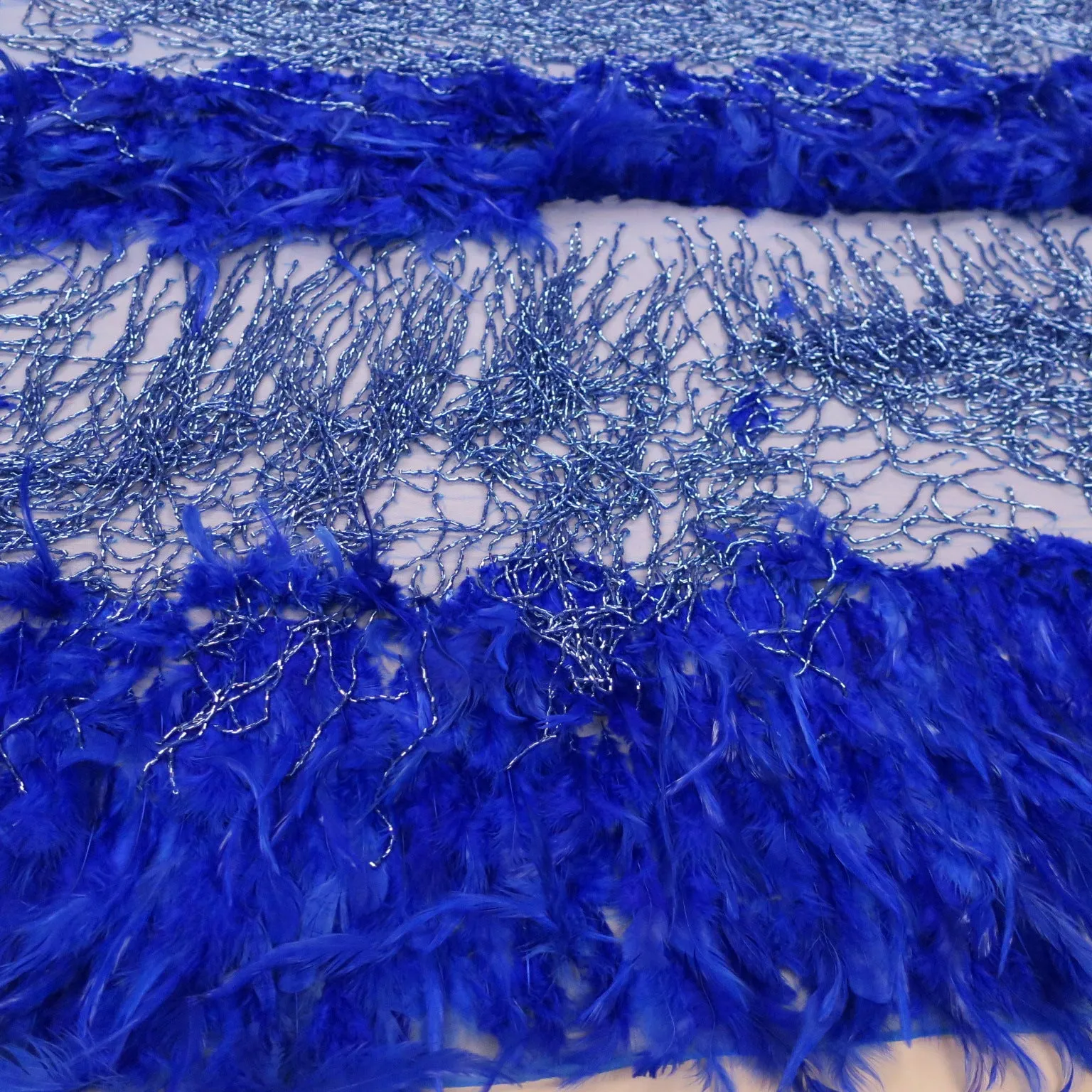 Blue Tulle with Feathers and Fringes Embroidered Fabric