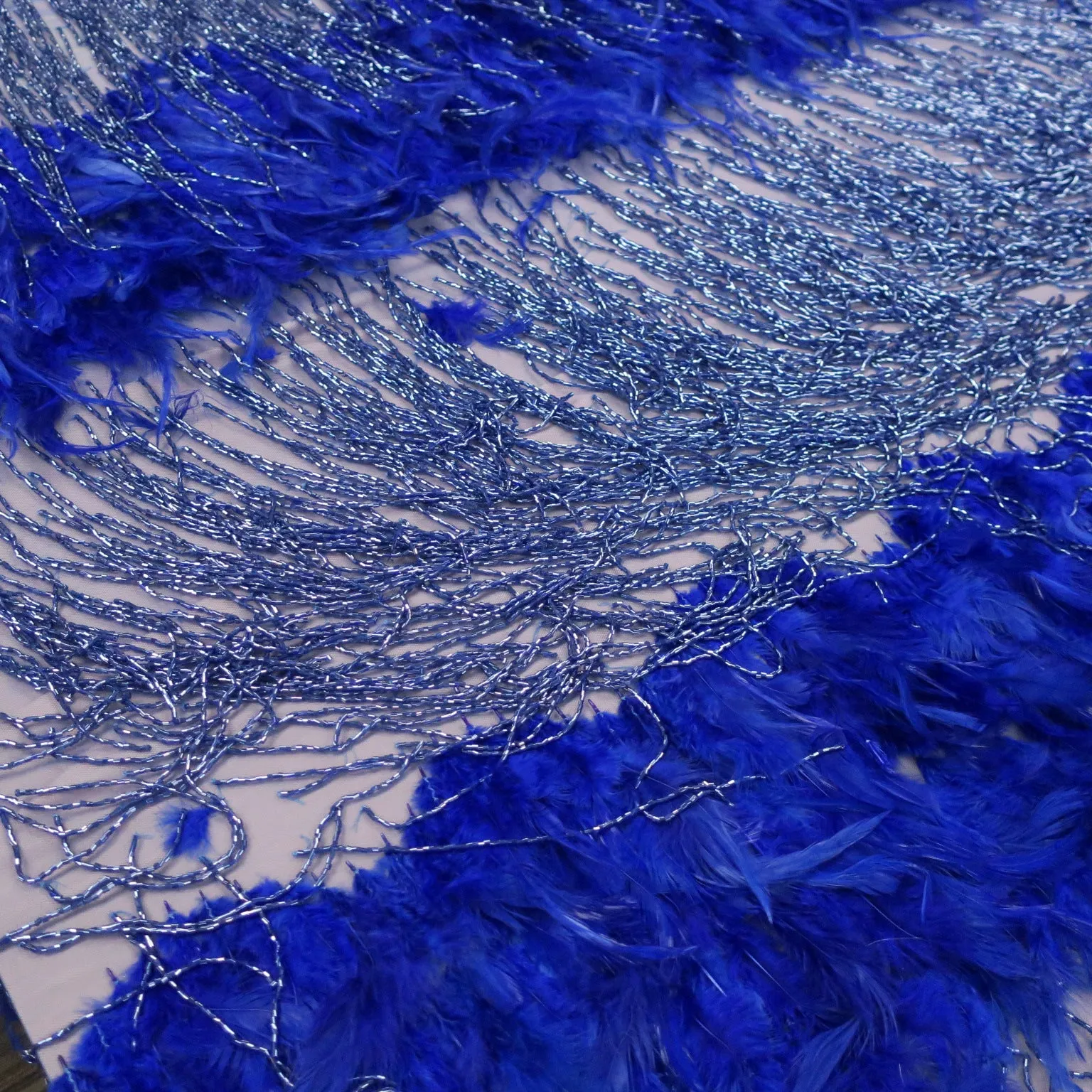 Blue Tulle with Feathers and Fringes Embroidered Fabric