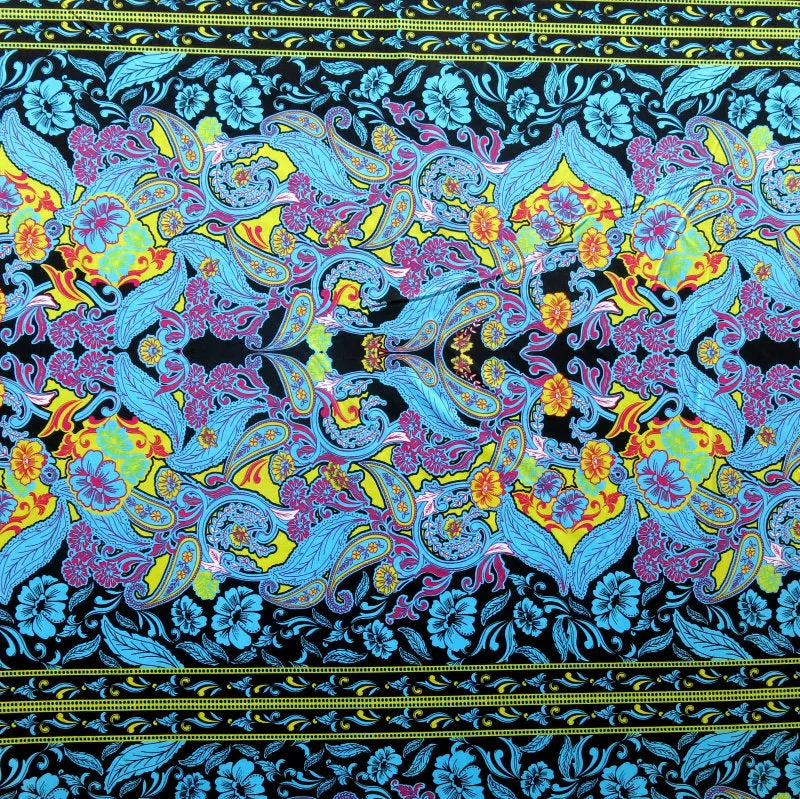 Blue, Yellow, Fuschia, and Black Floral Stripe Nylon Spandex Swimsuit Fabric