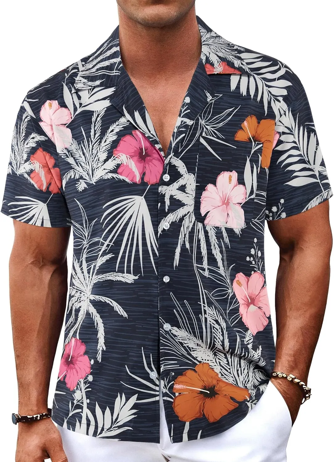 BOJIN Men's Hawaiian Shirts Short Sleeve Button Down Casual Shirts Summer Printed Tropical Floral Aloha Beach Shirts