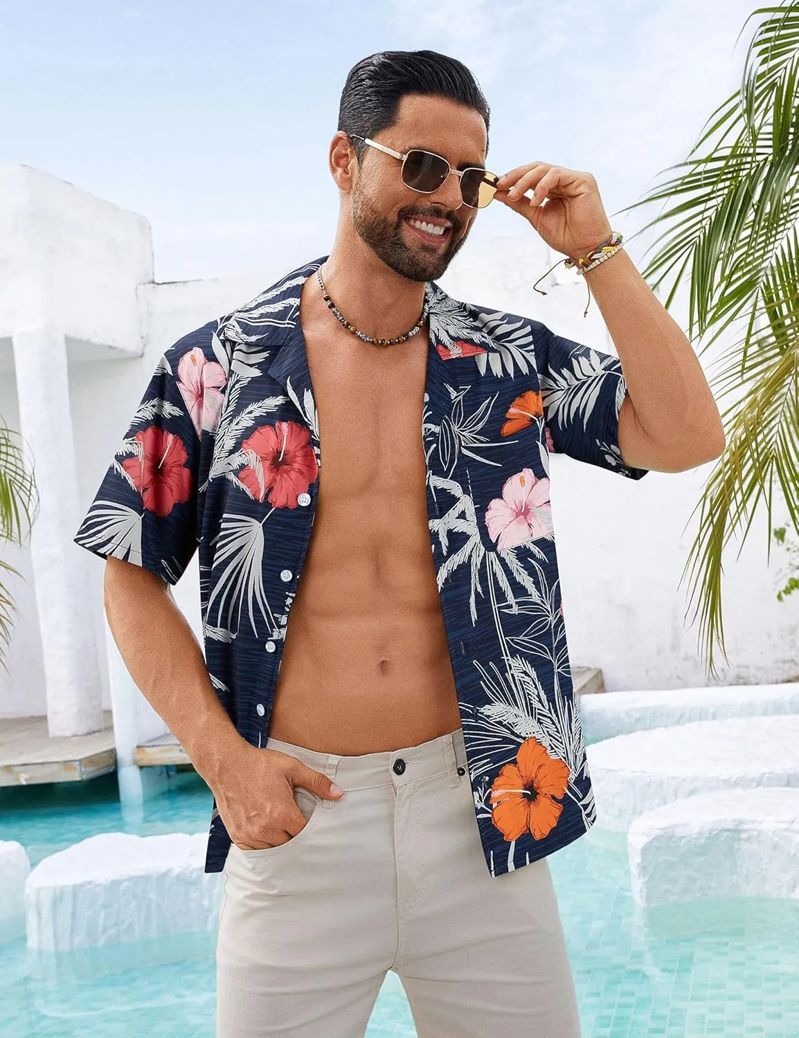 BOJIN Men's Hawaiian Shirts Short Sleeve Button Down Casual Shirts Summer Printed Tropical Floral Aloha Beach Shirts