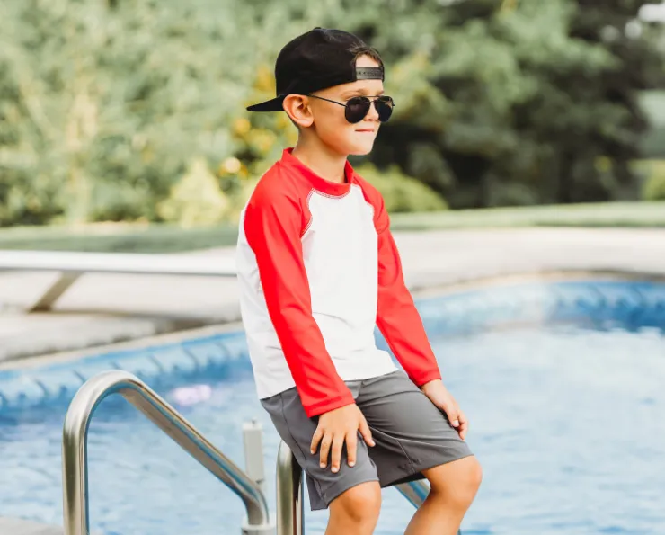 Boys UPF 50  Color Block Solid Long Sleeve Rashguard | White with Black