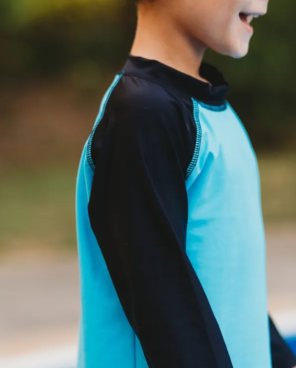 Boys UPF 50  Color Block Solid Long Sleeve Rashguard | White with Black