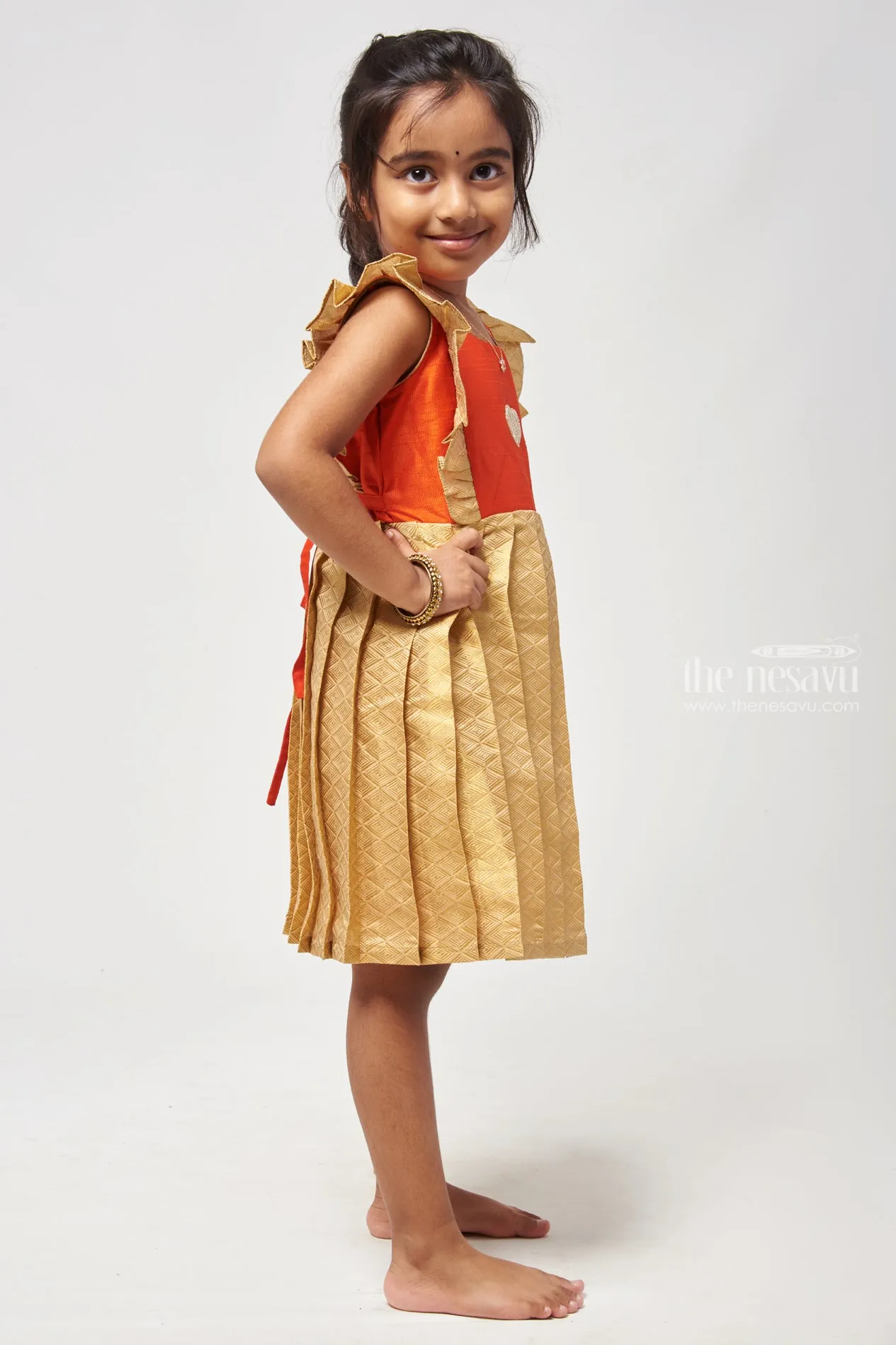 Brocade Designer Reshmi Frock in Beige with Flared Design Yoke