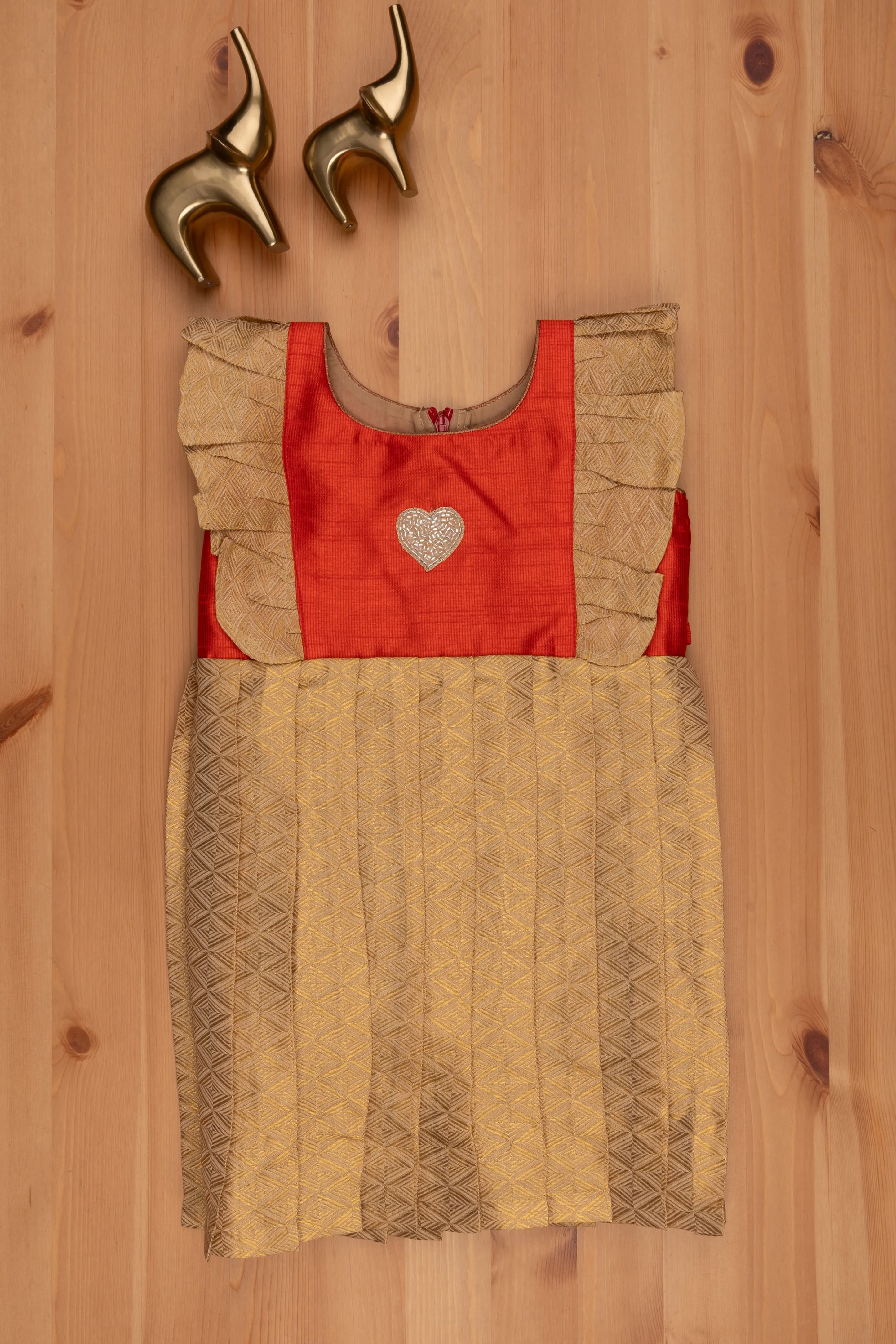 Brocade Designer Reshmi Frock in Beige with Flared Design Yoke