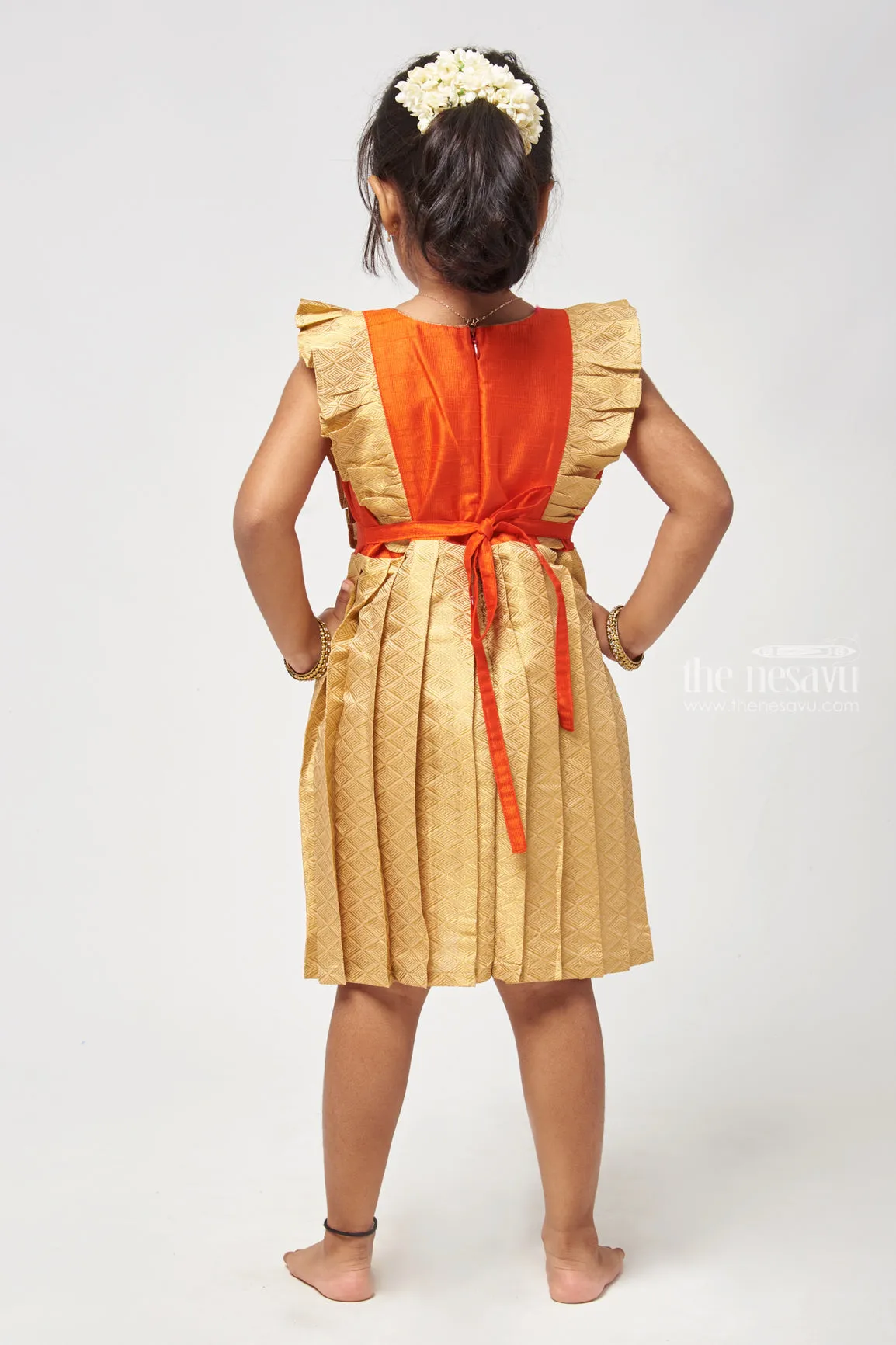 Brocade Designer Reshmi Frock in Beige with Flared Design Yoke