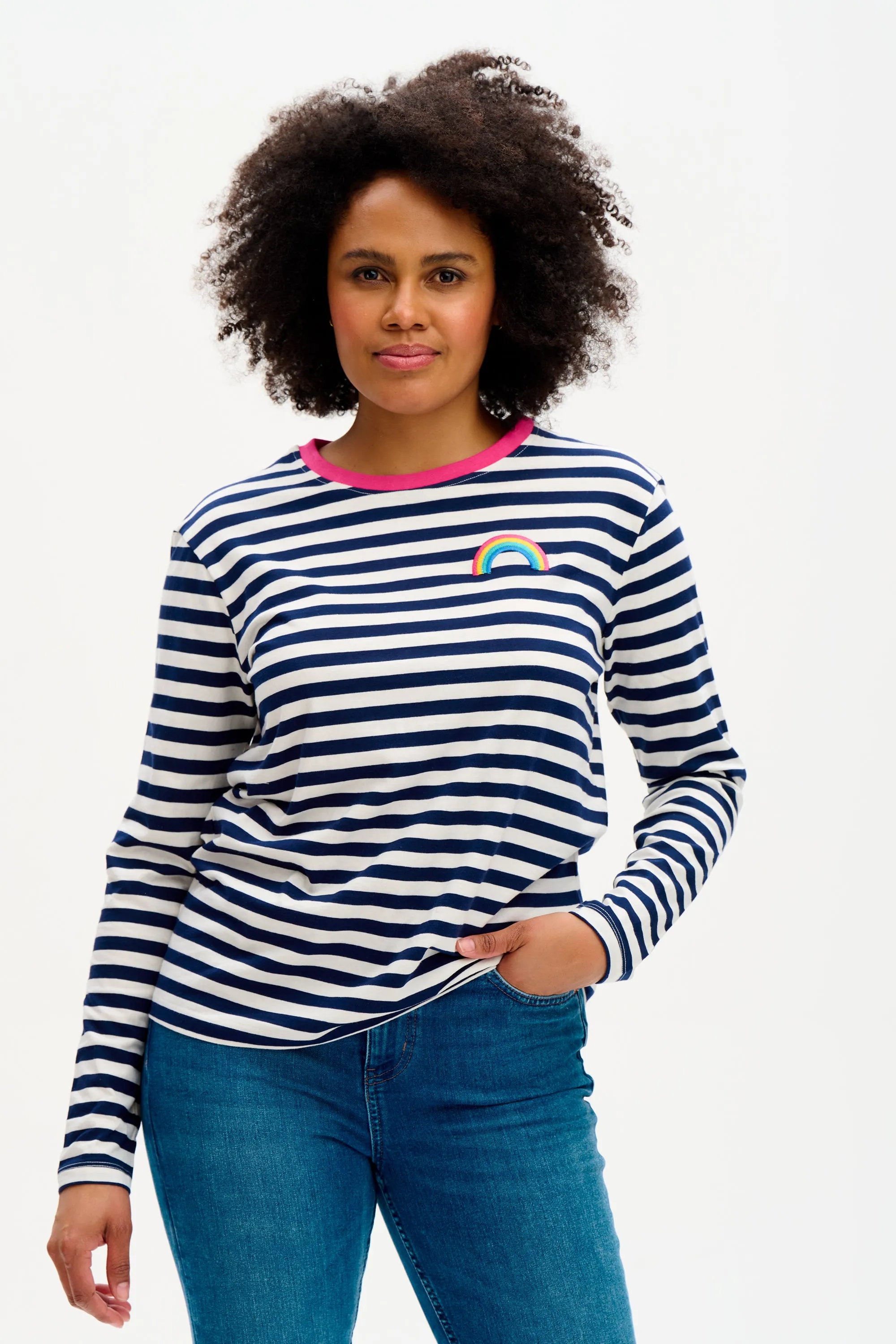 Brunswick Jersey Top - Off-white/Navy, Pink Rainbow