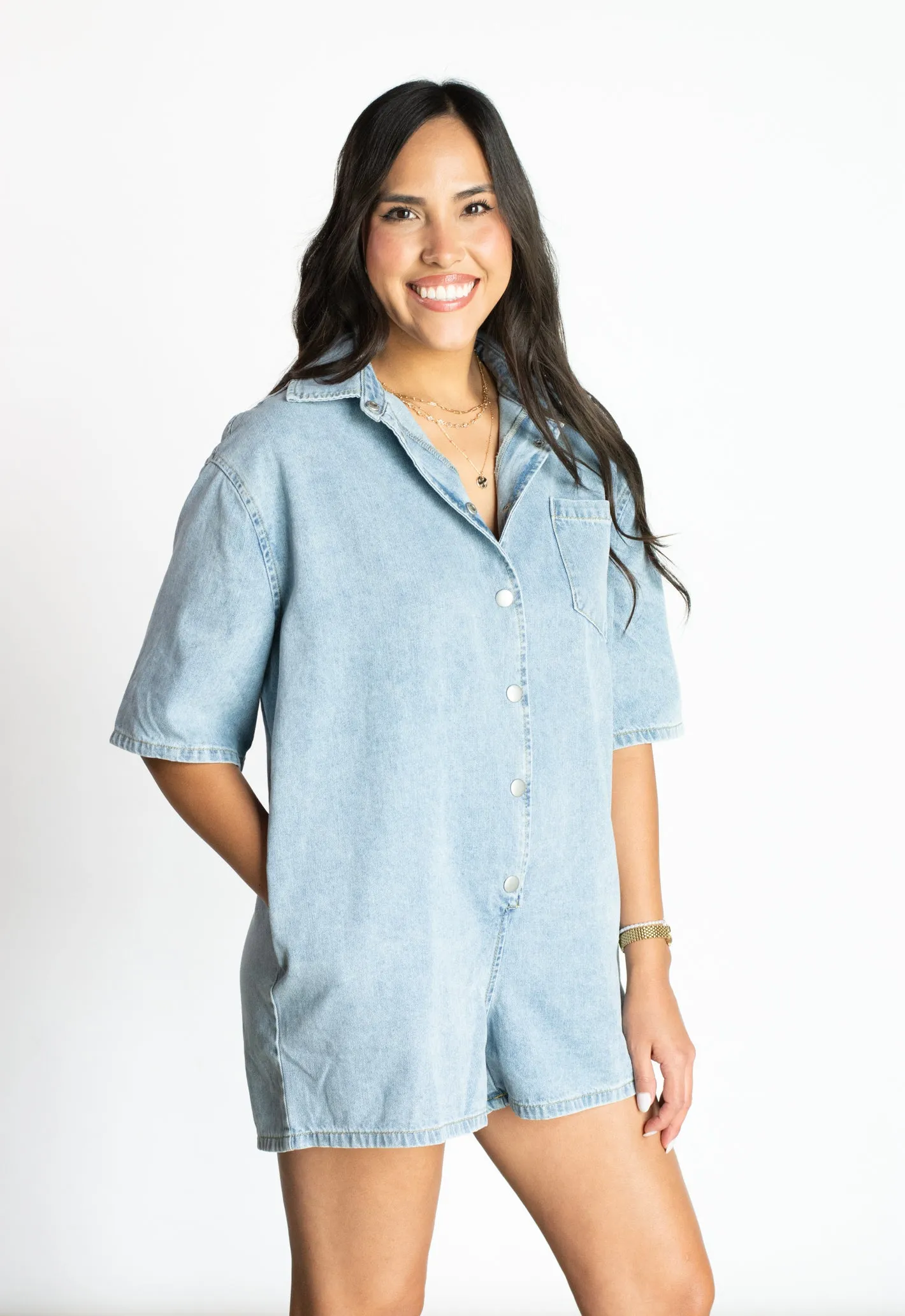 Celebrity Outlaw Denim Collared Romper