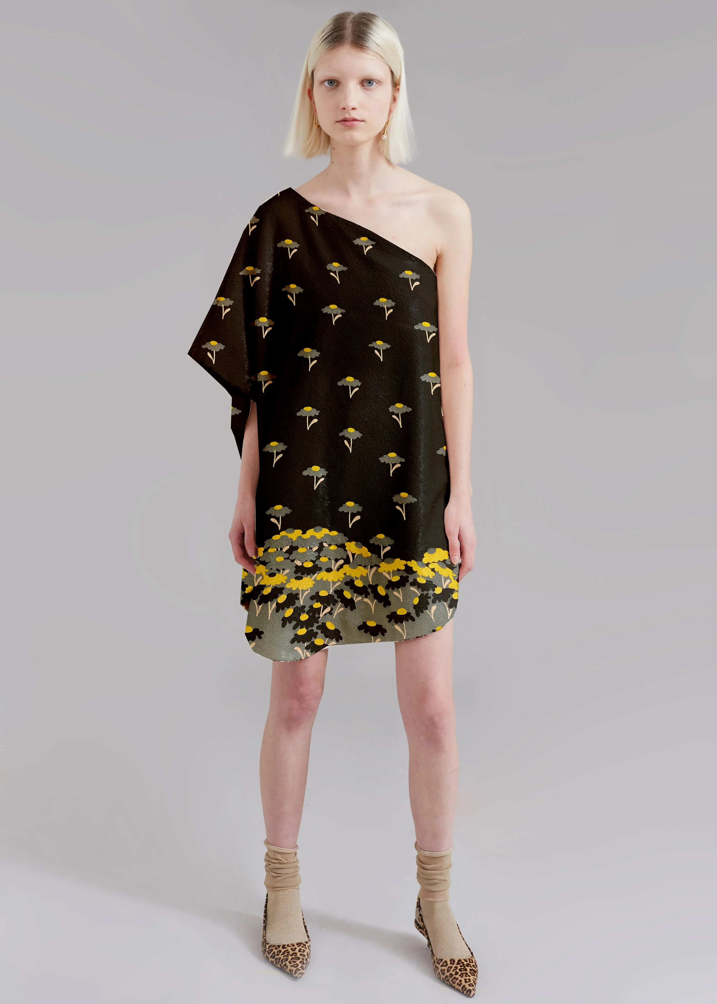 Cheeky Flower Border Printed Charcoal Silk Georgette