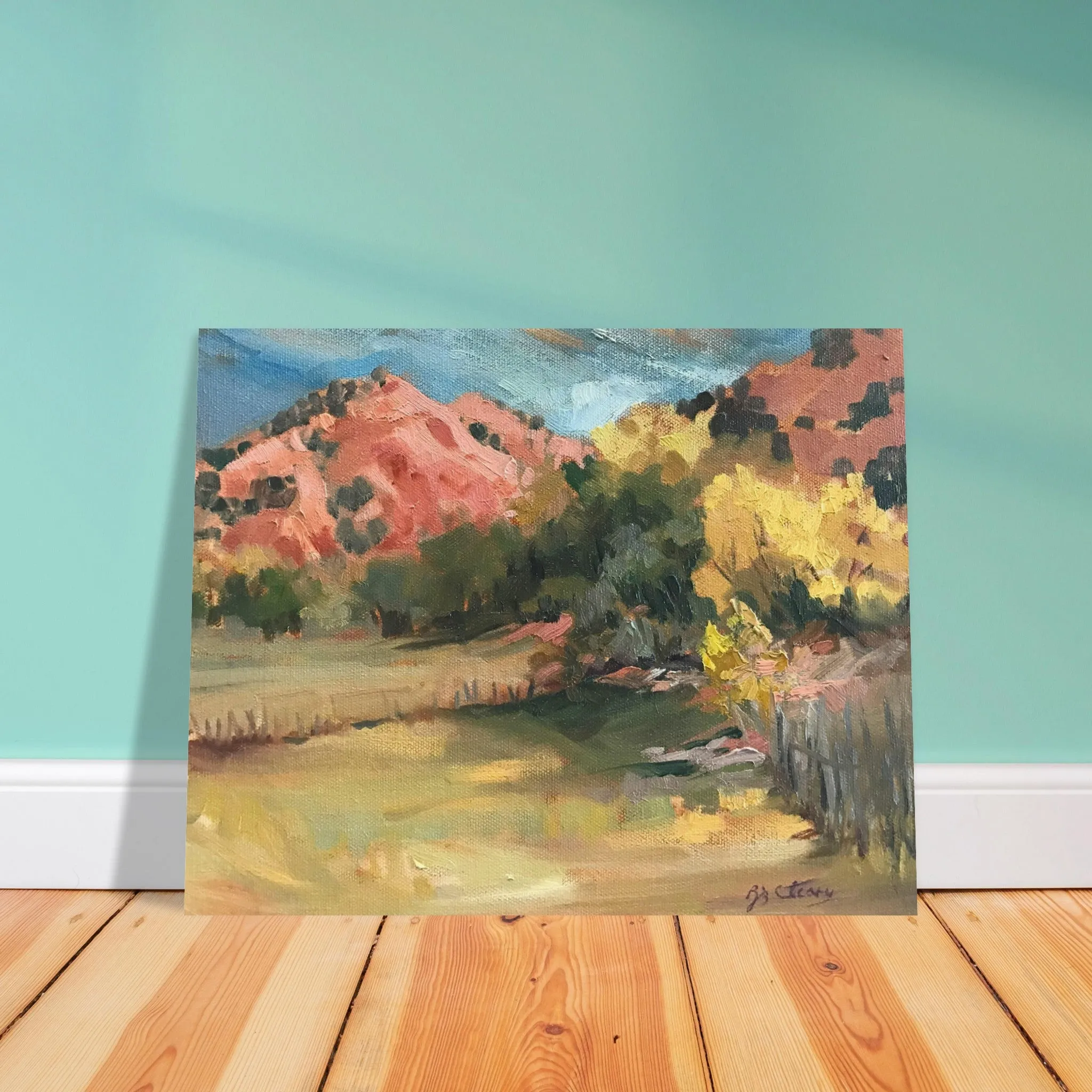 'Chimayo Pastures: Tranquil Southwest' Landscape I 16x20 Museum-Quality Matte Paper Poster | Original Artwork by American Artist Barbara Cleary