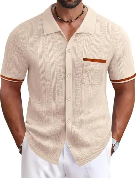 COOFANDY Men's Knit Button Down Shirt 2025 Vintage Short Sleeve Polo Shirt Casual Beach Tops