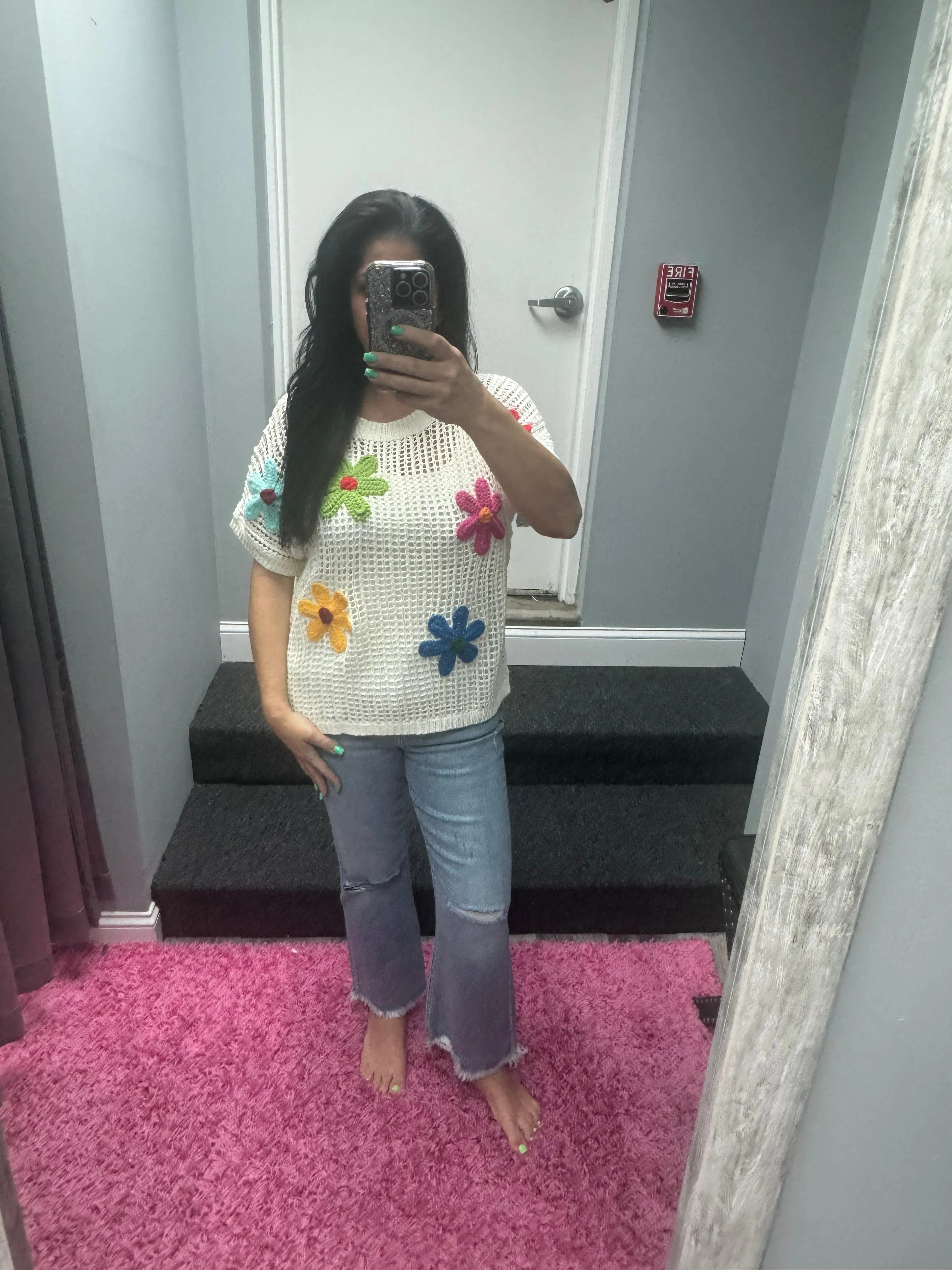 Crochet Flower Hollow-out Sweater Top - White