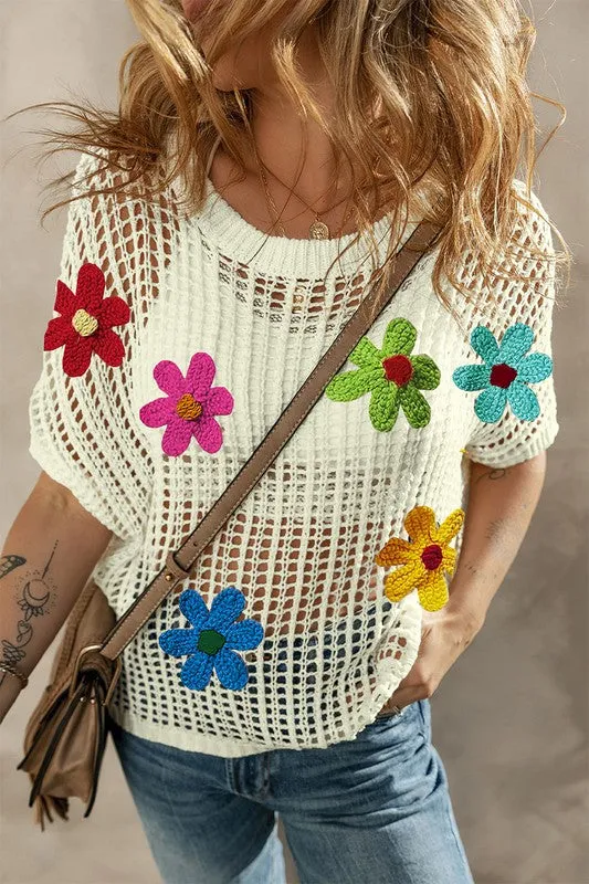 Crochet Flower Hollow-out Sweater Top - White