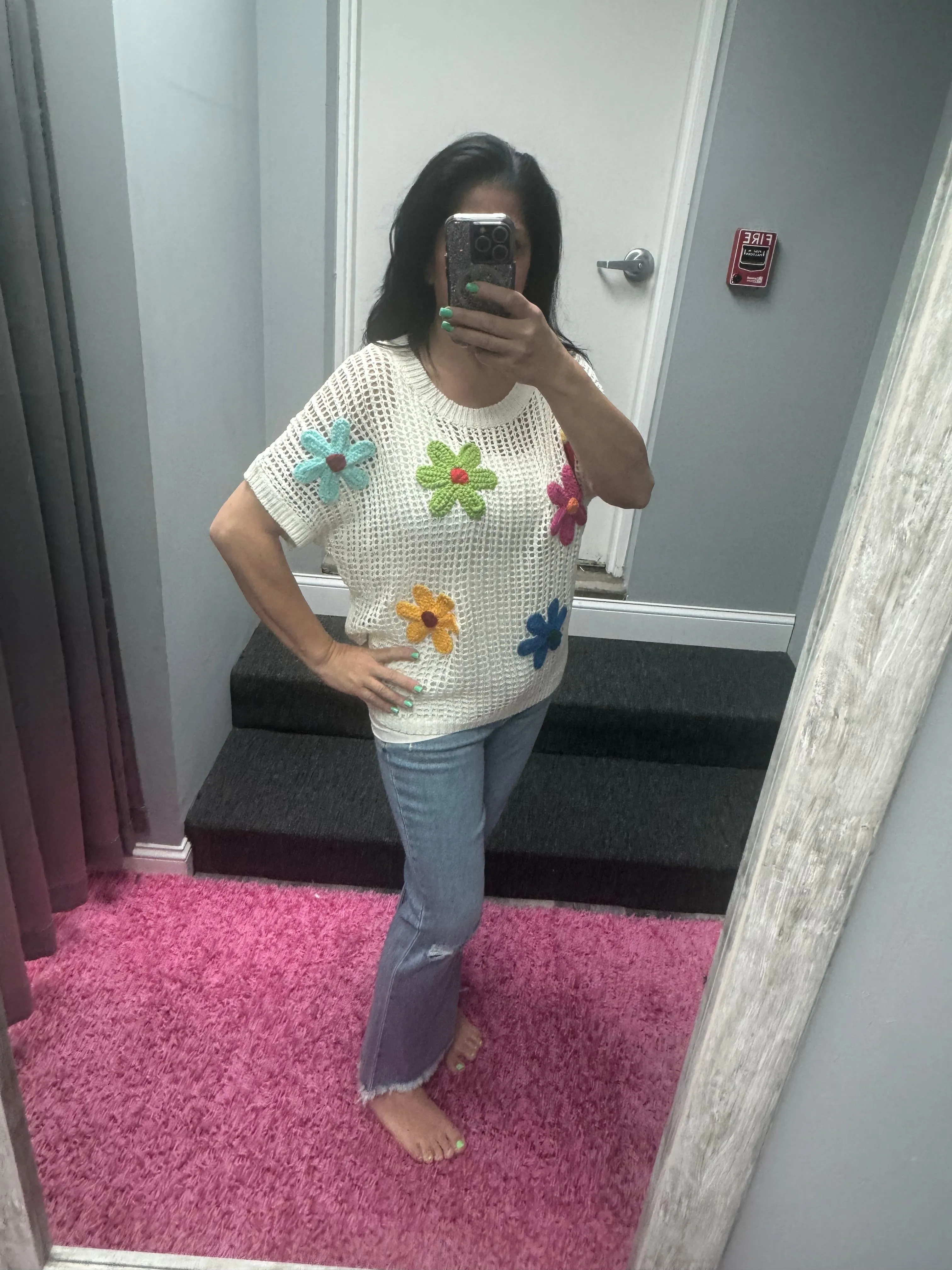 Crochet Flower Hollow-out Sweater Top - White