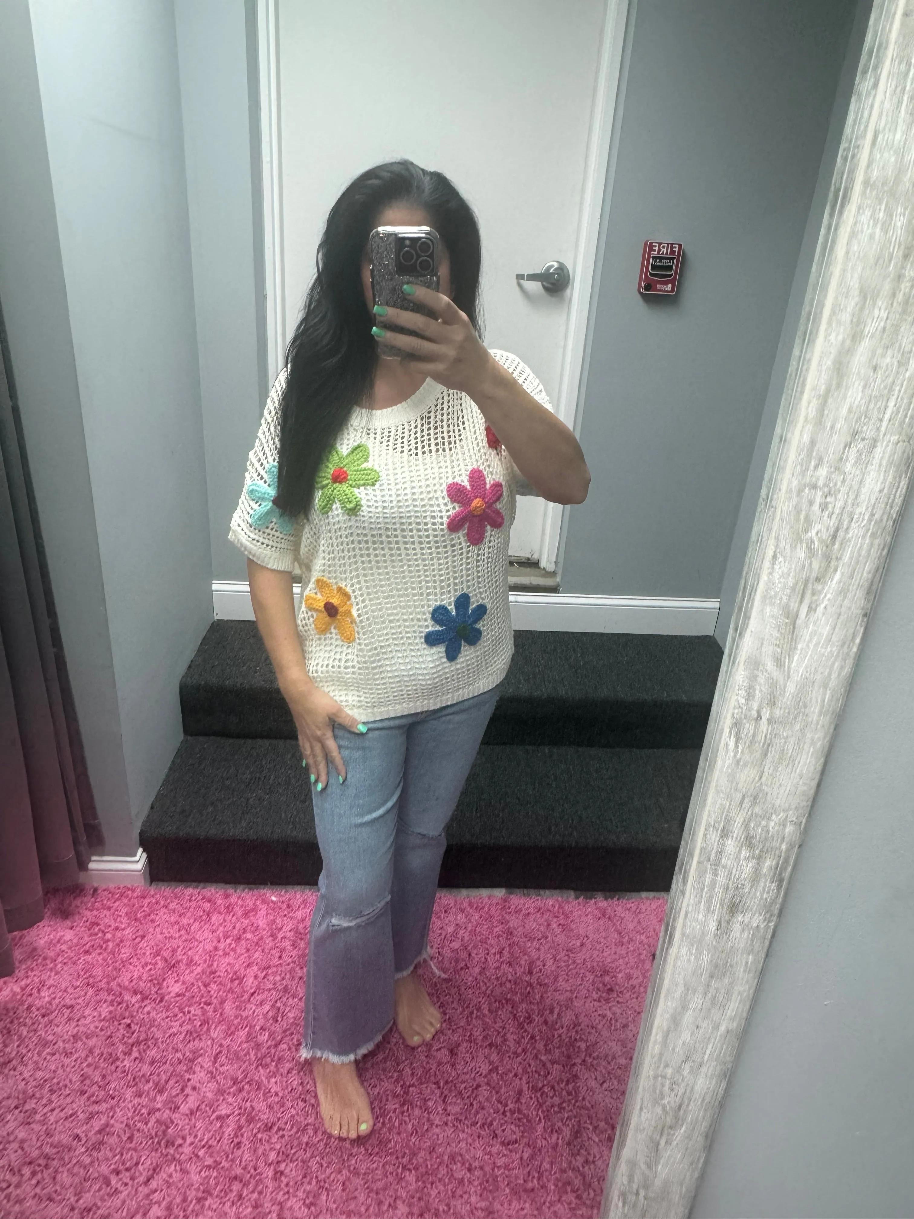 Crochet Flower Hollow-out Sweater Top - White