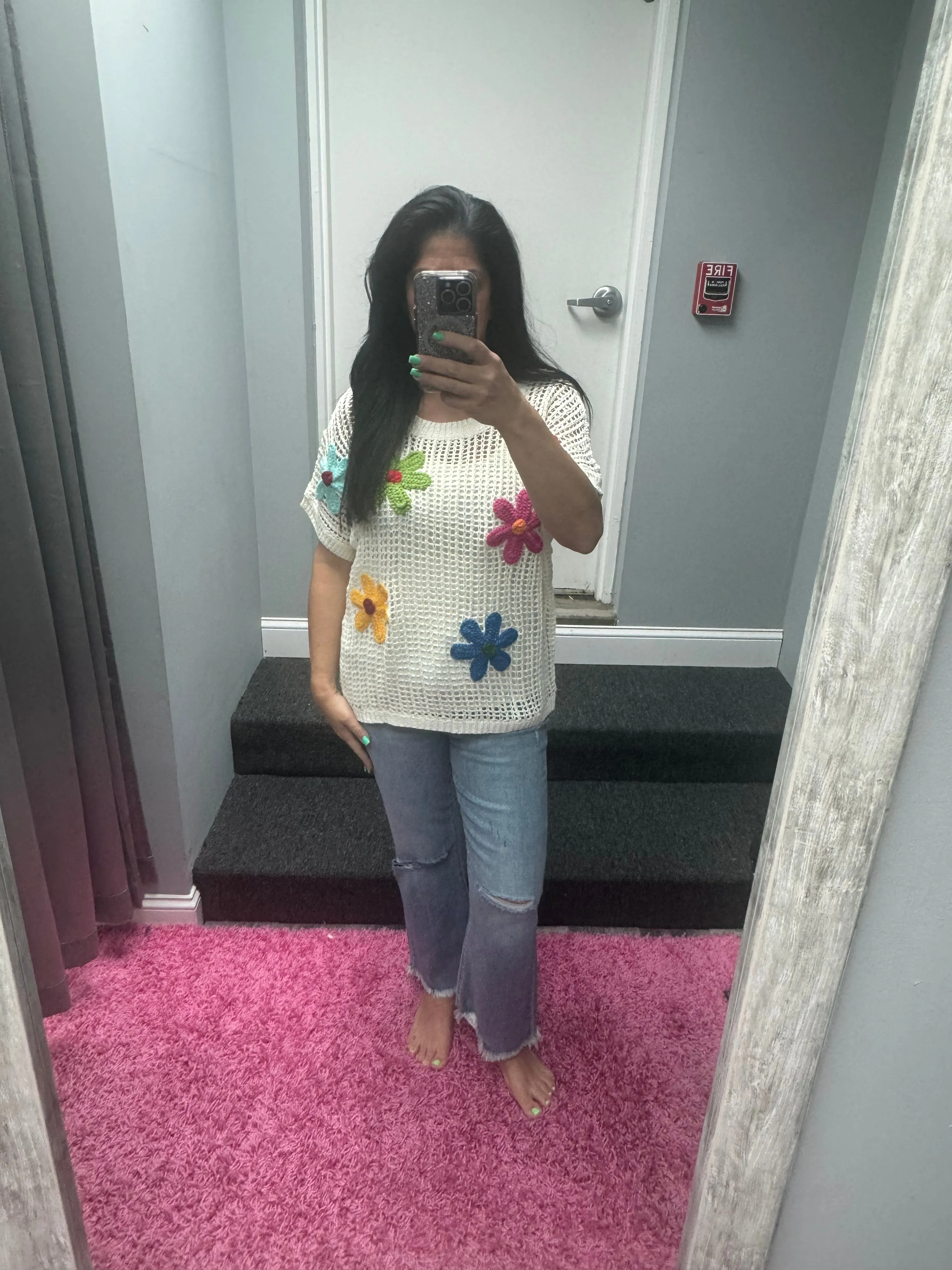 Crochet Flower Hollow-out Sweater Top - White