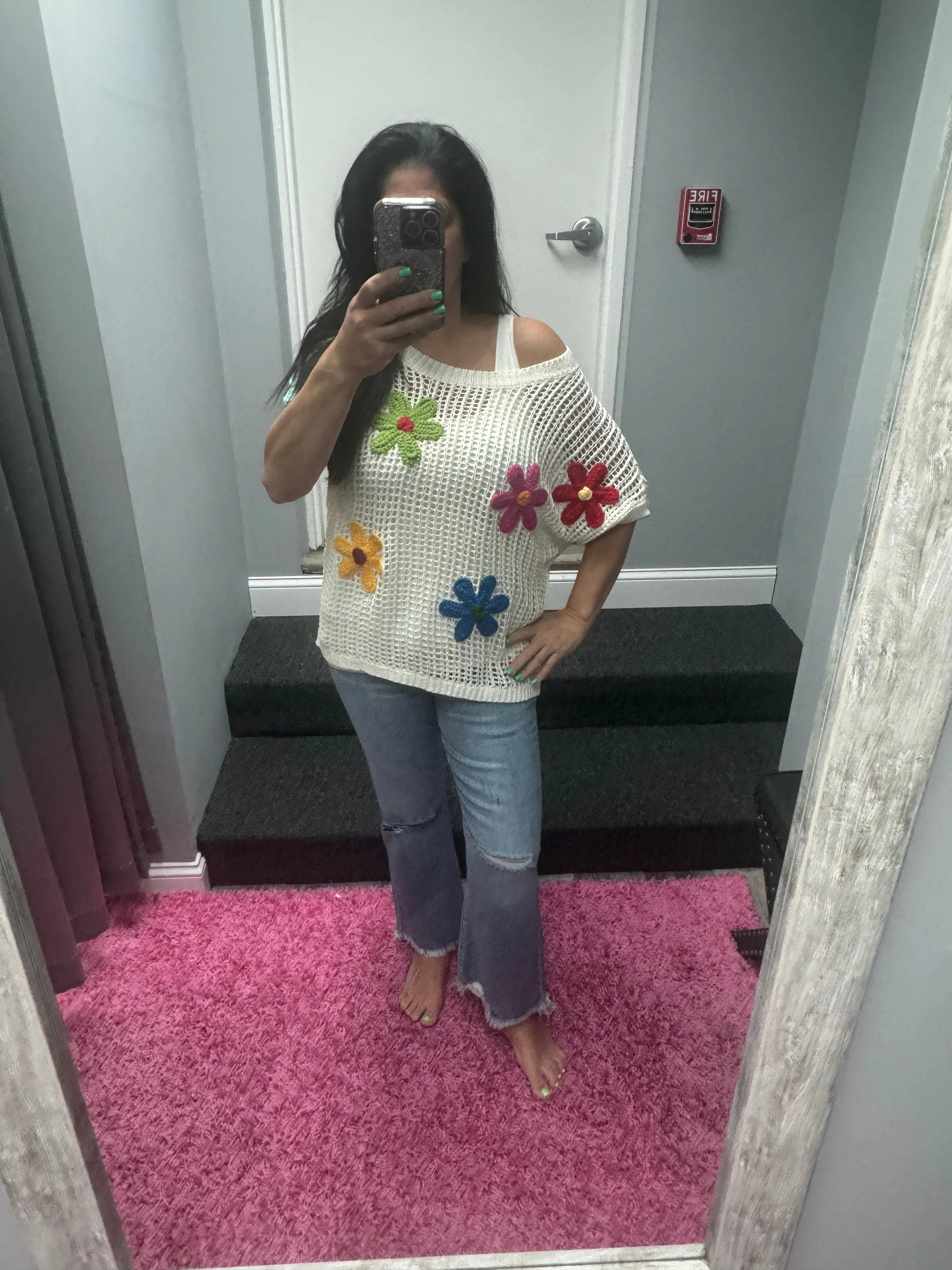 Crochet Flower Hollow-out Sweater Top - White
