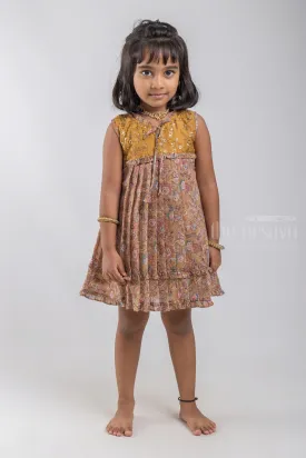 Cute Beige Floral Printed Pleated Cotton Frock For Baby Girls