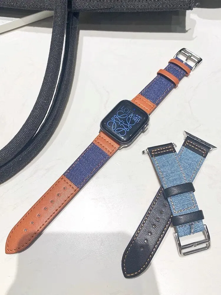 Cute Leather Blue Denim Bracelet iWatch Band Series 1 2 3 4 5 6 7 8 9 Ultra Generation 38mm 40mm 41mm 42mm 44mm 45mm 49mm Apple Watch Strap