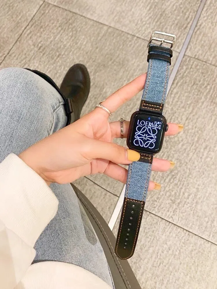 Cute Leather Blue Denim Bracelet iWatch Band Series 1 2 3 4 5 6 7 8 9 Ultra Generation 38mm 40mm 41mm 42mm 44mm 45mm 49mm Apple Watch Strap
