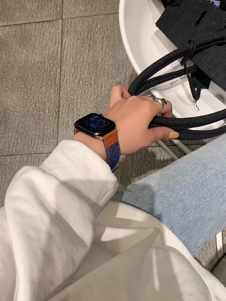 Cute Leather Blue Denim Bracelet iWatch Band Series 1 2 3 4 5 6 7 8 9 Ultra Generation 38mm 40mm 41mm 42mm 44mm 45mm 49mm Apple Watch Strap