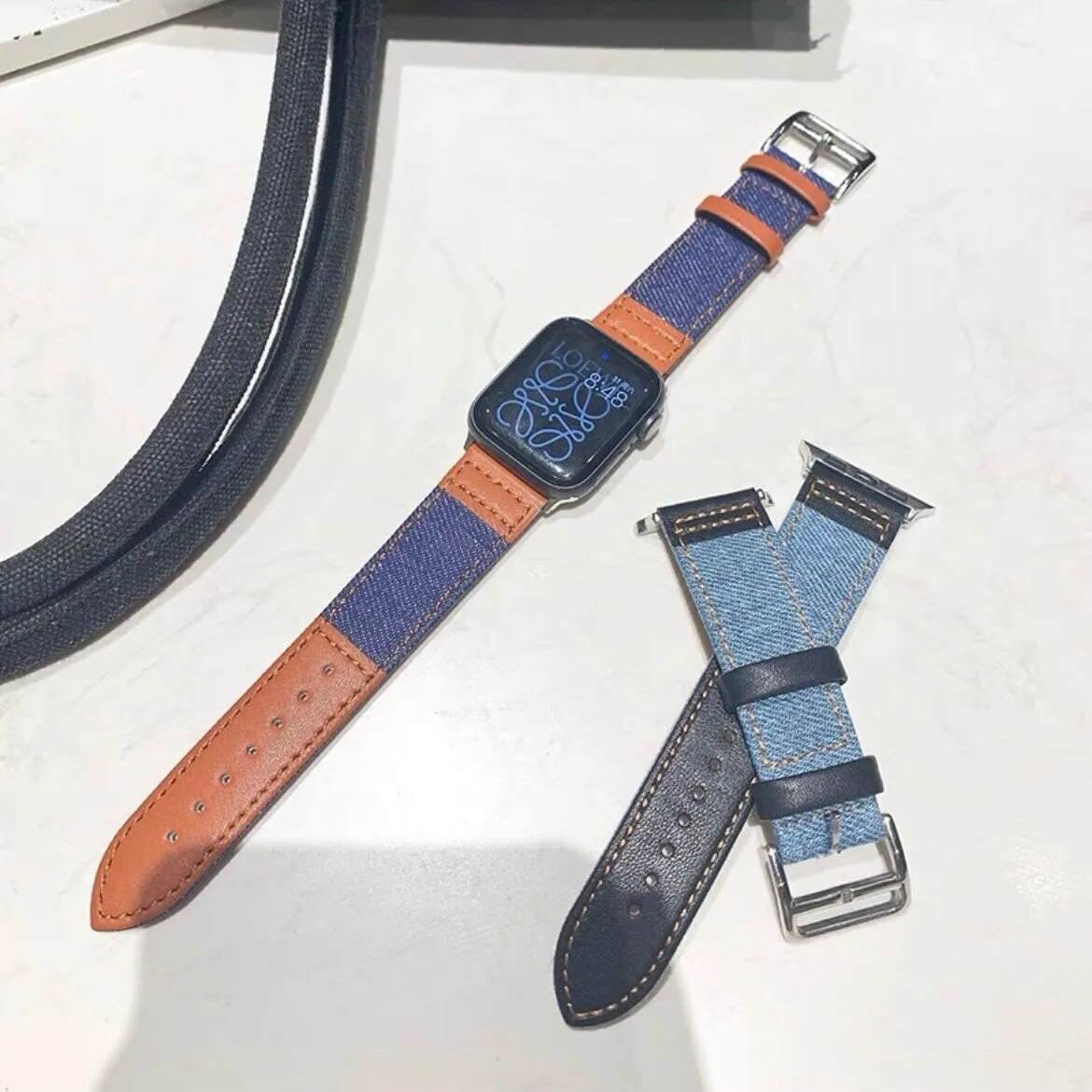 Cute Leather Blue Denim Bracelet iWatch Band Series 1 2 3 4 5 6 7 8 9 Ultra Generation 38mm 40mm 41mm 42mm 44mm 45mm 49mm Apple Watch Strap