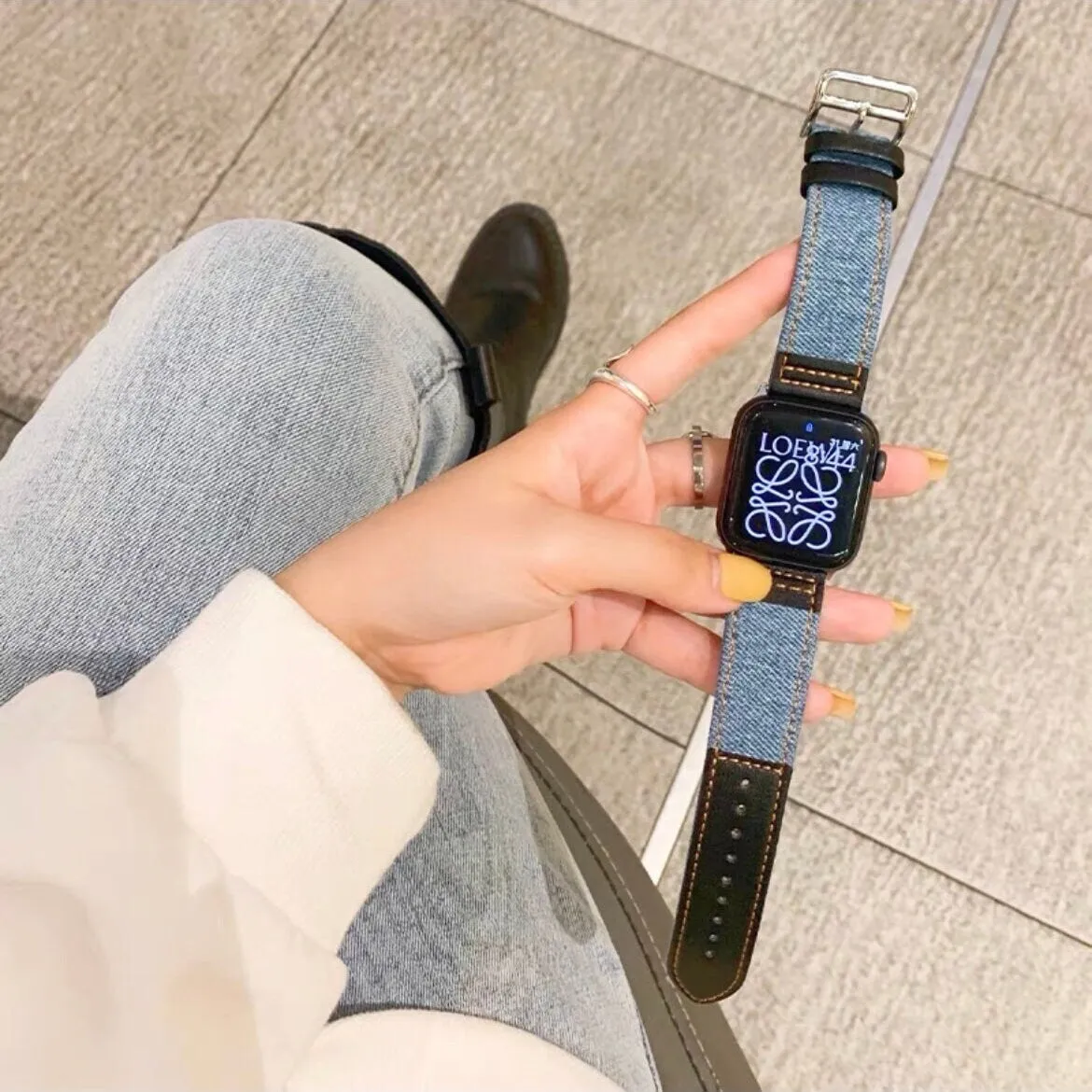 Cute Leather Blue Denim Bracelet iWatch Band Series 1 2 3 4 5 6 7 8 9 Ultra Generation 38mm 40mm 41mm 42mm 44mm 45mm 49mm Apple Watch Strap