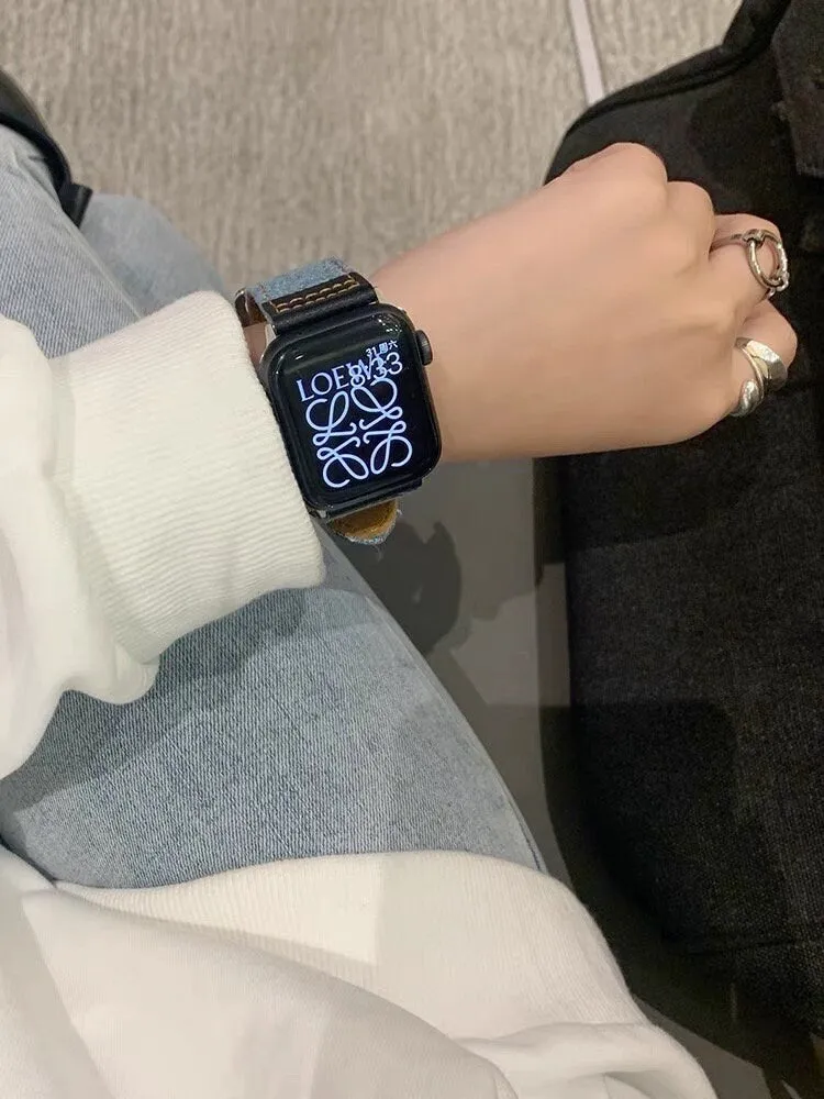 Cute Leather Blue Denim Bracelet iWatch Band Series 1 2 3 4 5 6 7 8 9 Ultra Generation 38mm 40mm 41mm 42mm 44mm 45mm 49mm Apple Watch Strap