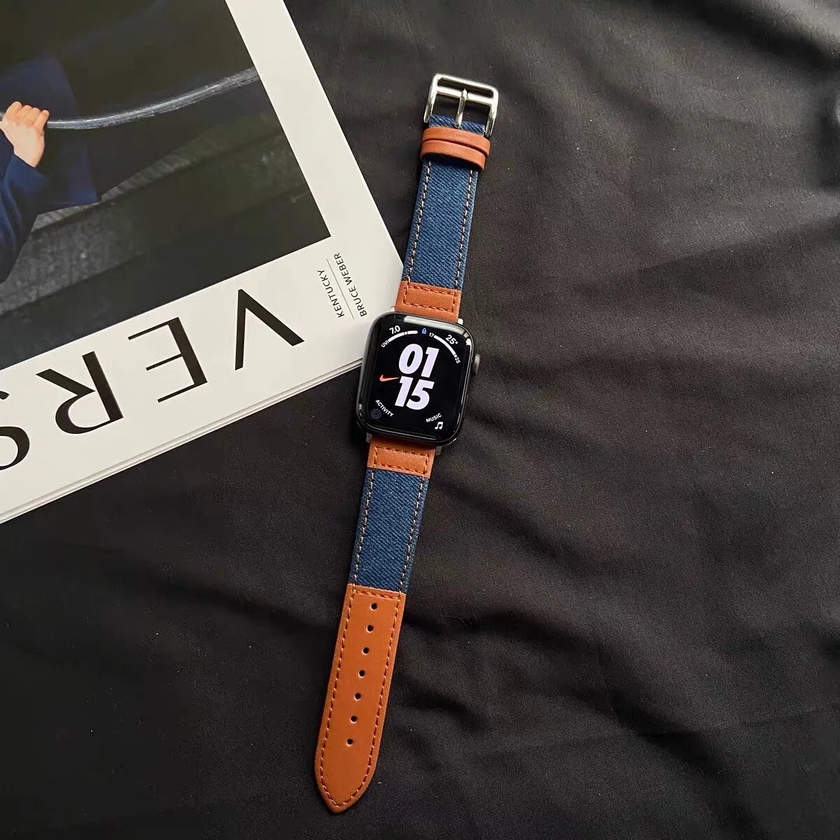 Cute Leather Blue Denim Bracelet iWatch Band Series 1 2 3 4 5 6 7 8 9 Ultra Generation 38mm 40mm 41mm 42mm 44mm 45mm 49mm Apple Watch Strap