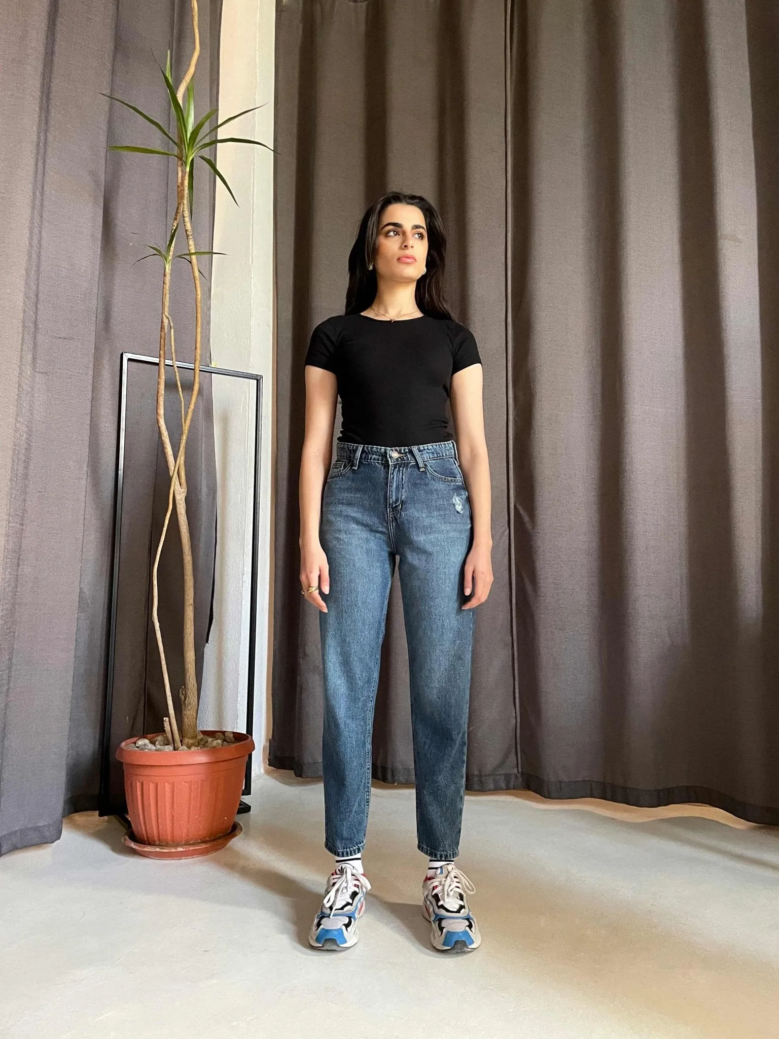 Dark Blue Mom-Fit Jeans.