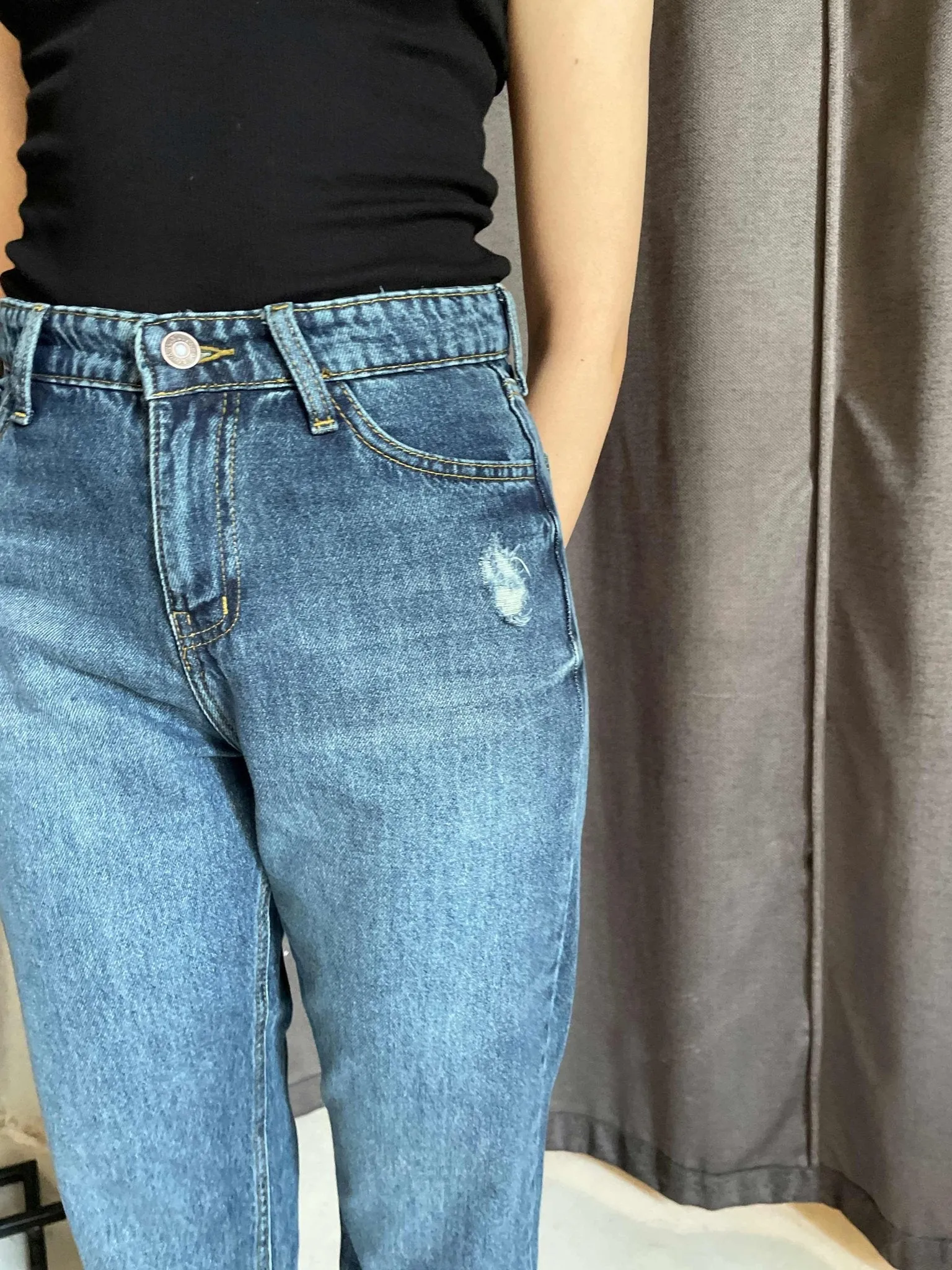 Dark Blue Mom-Fit Jeans.