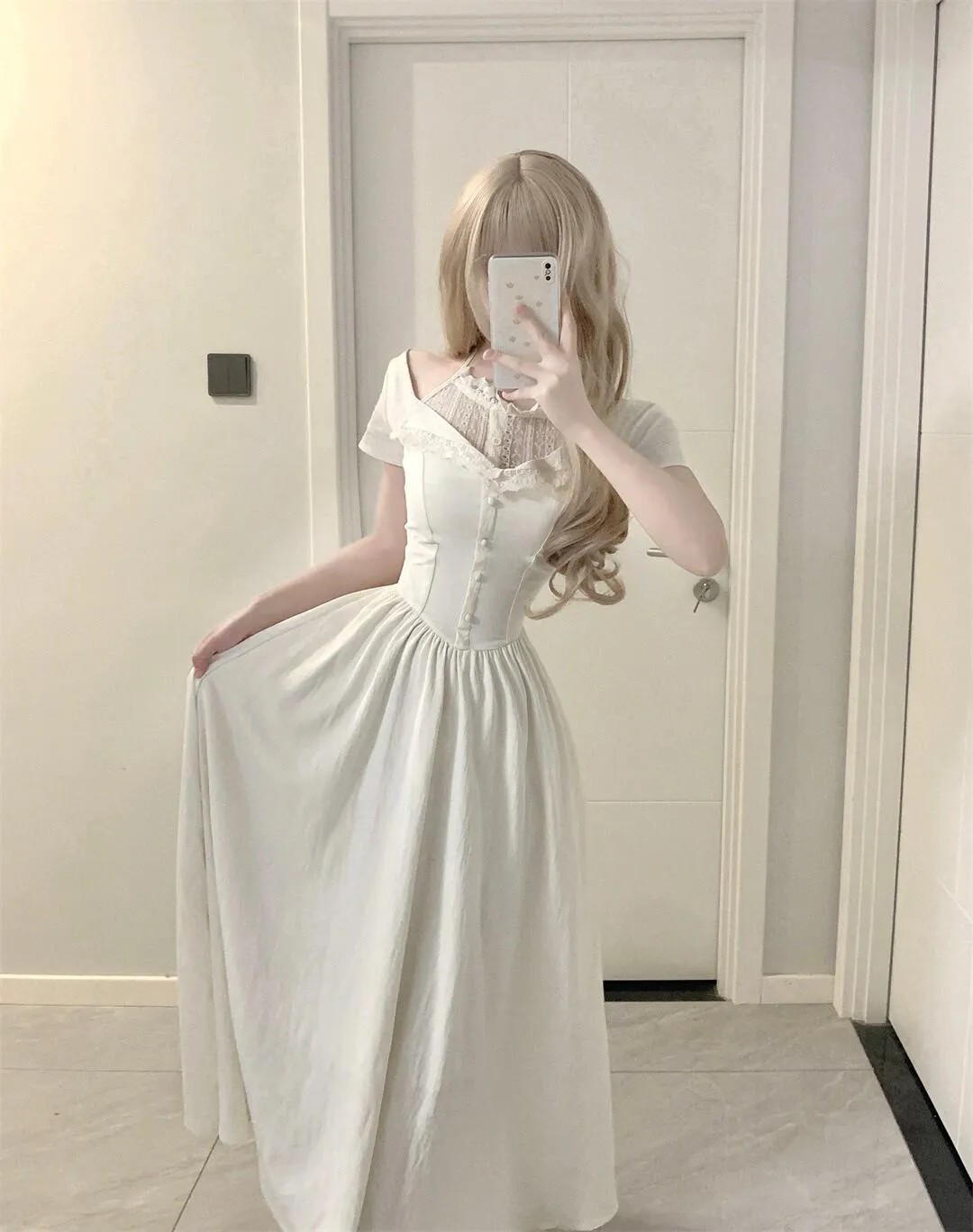 Elegant long white dress with white straps