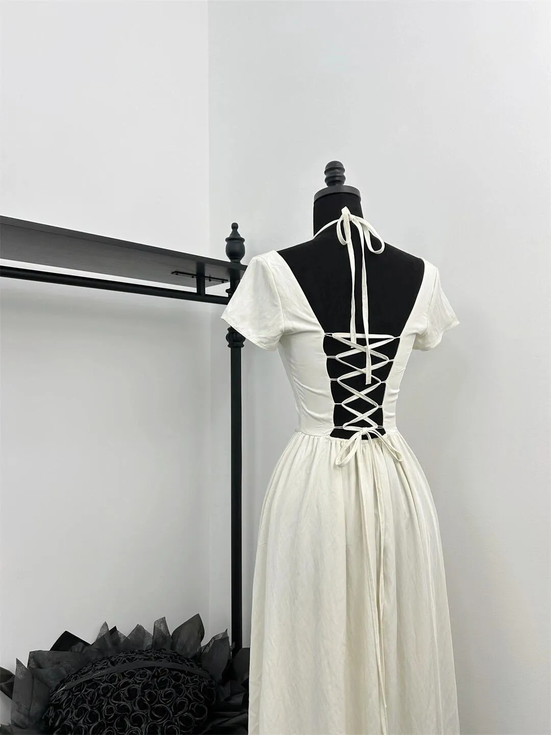 Elegant long white dress with white straps