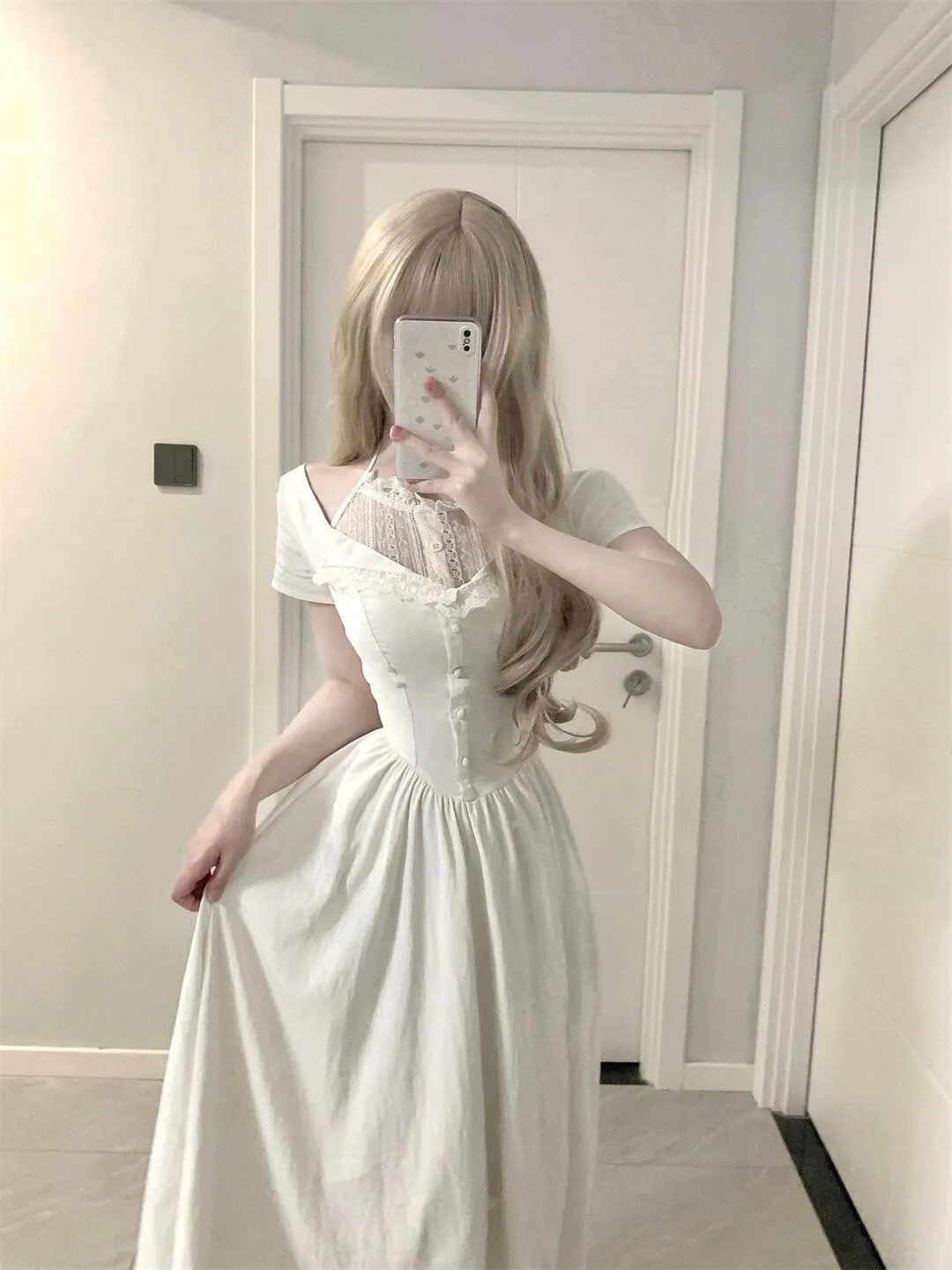 Elegant long white dress with white straps